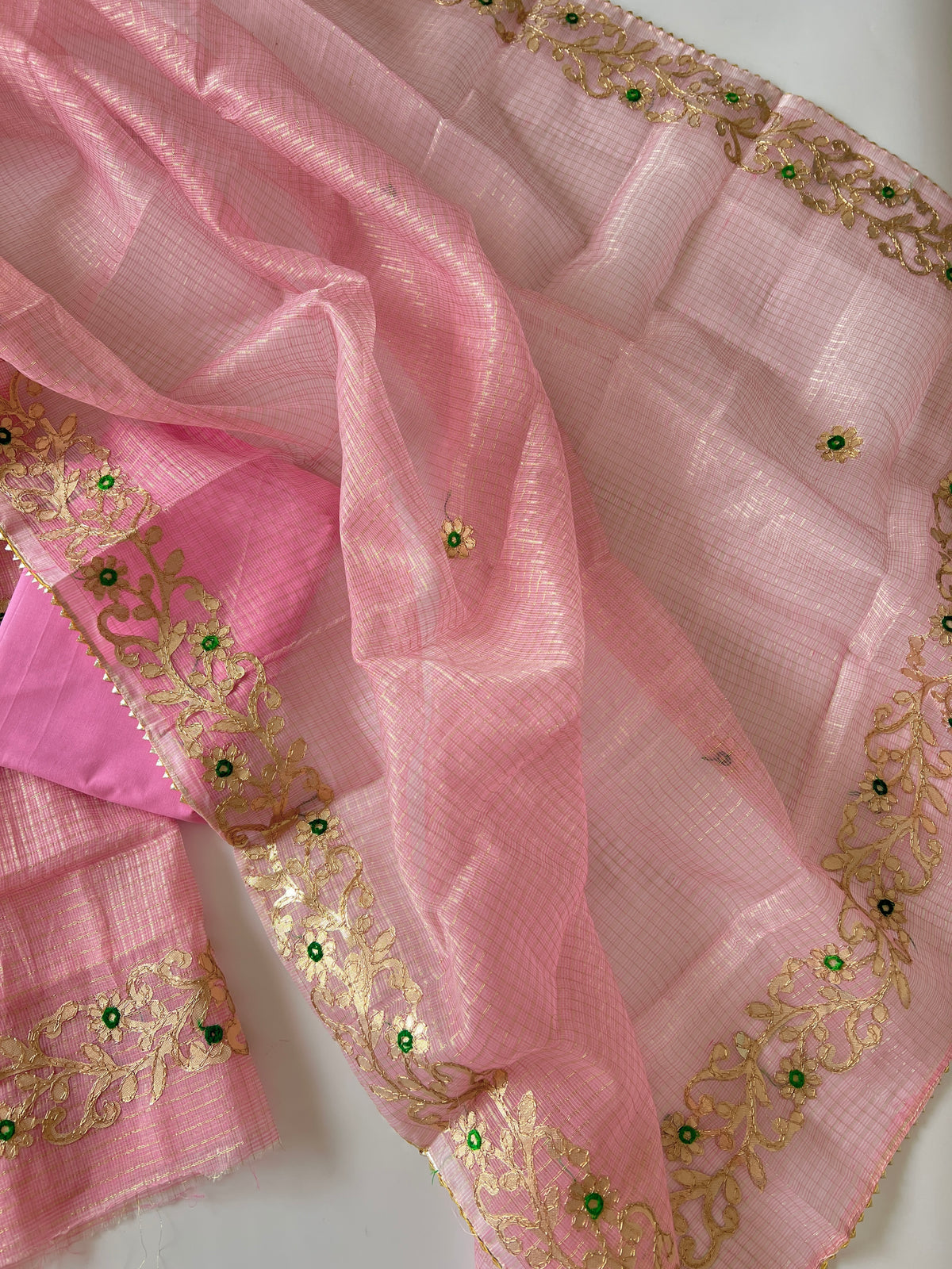Pink Kotta with gotta embroidered kurta dupatta set Unstitched