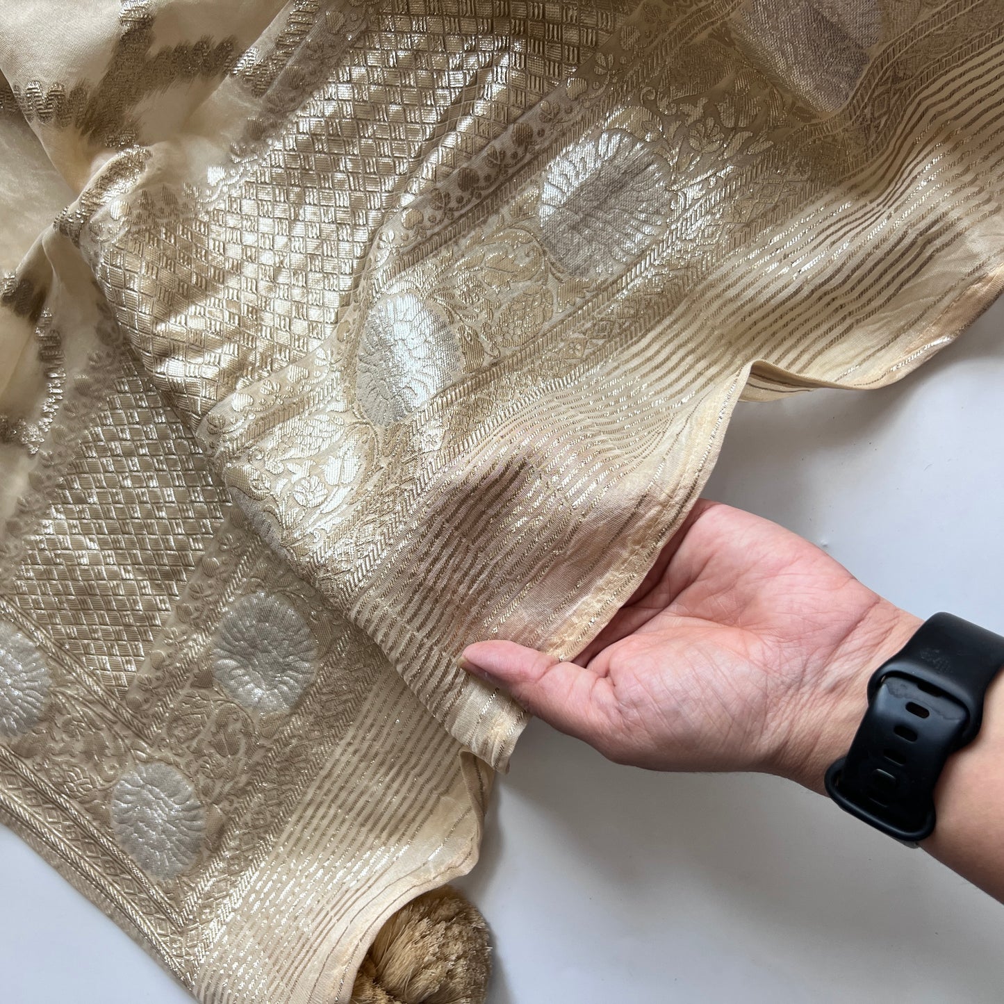 Golden Banarasi dupatta with tassels