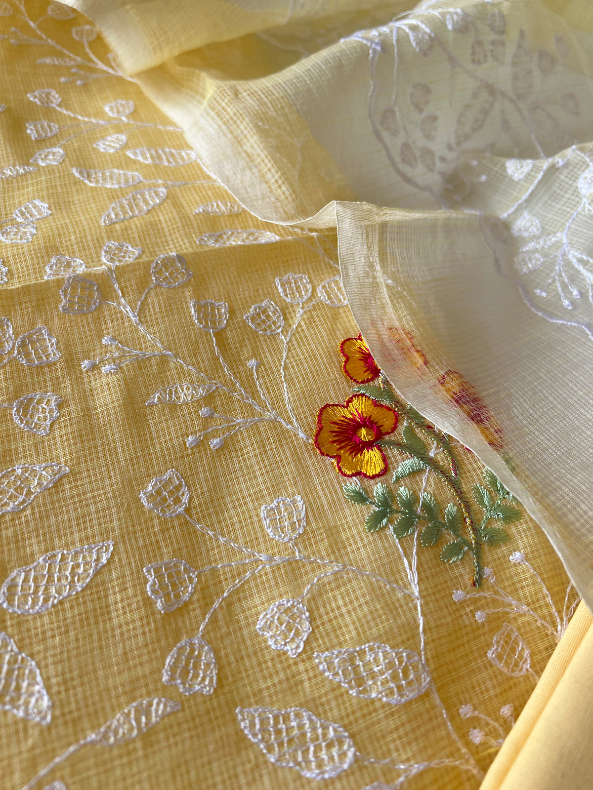 Yellow Kotta floral embroidered kurta dupatta set Unstitched