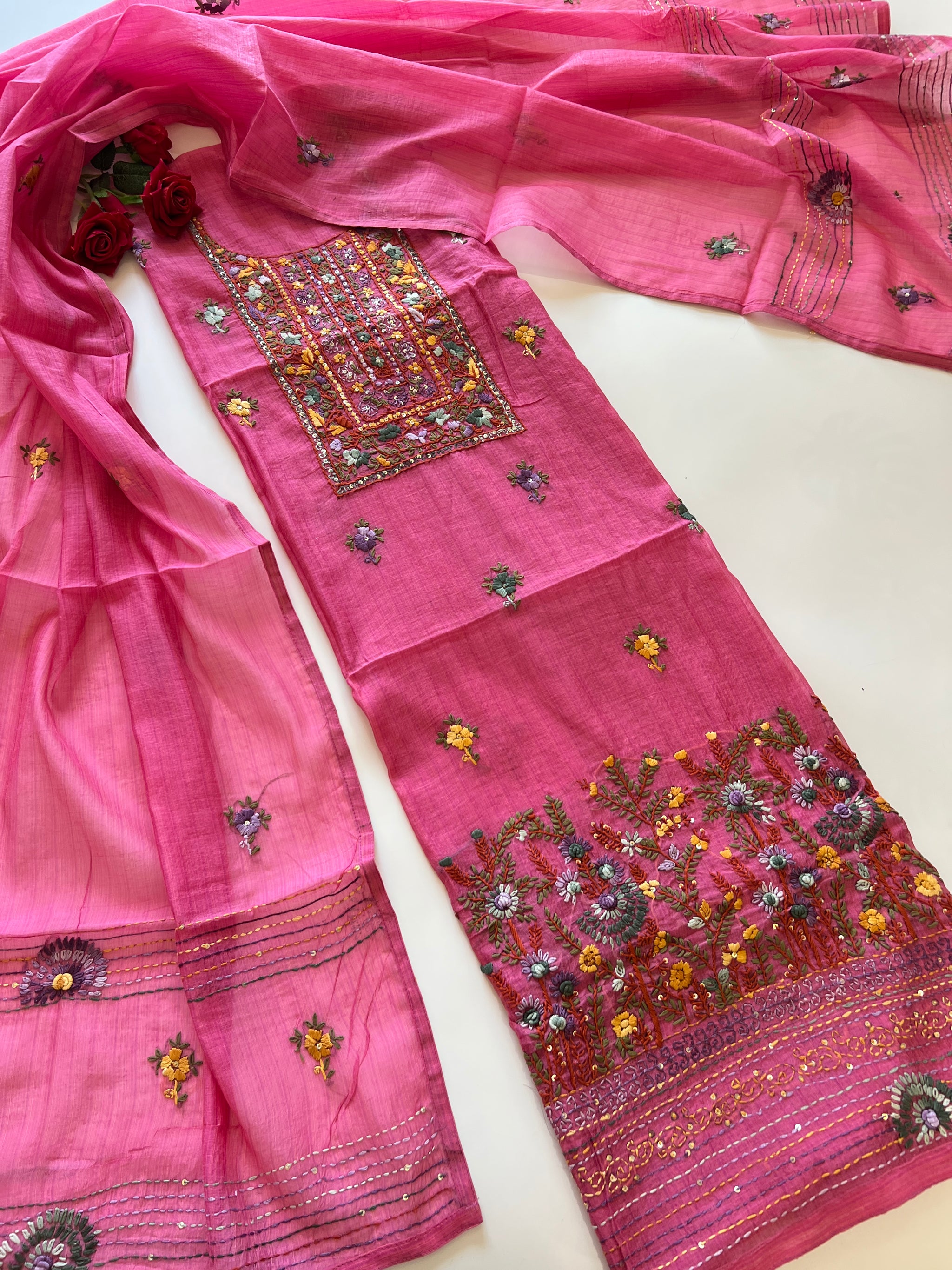 Pink Knot embroidery Unstitched suit material 2 pc