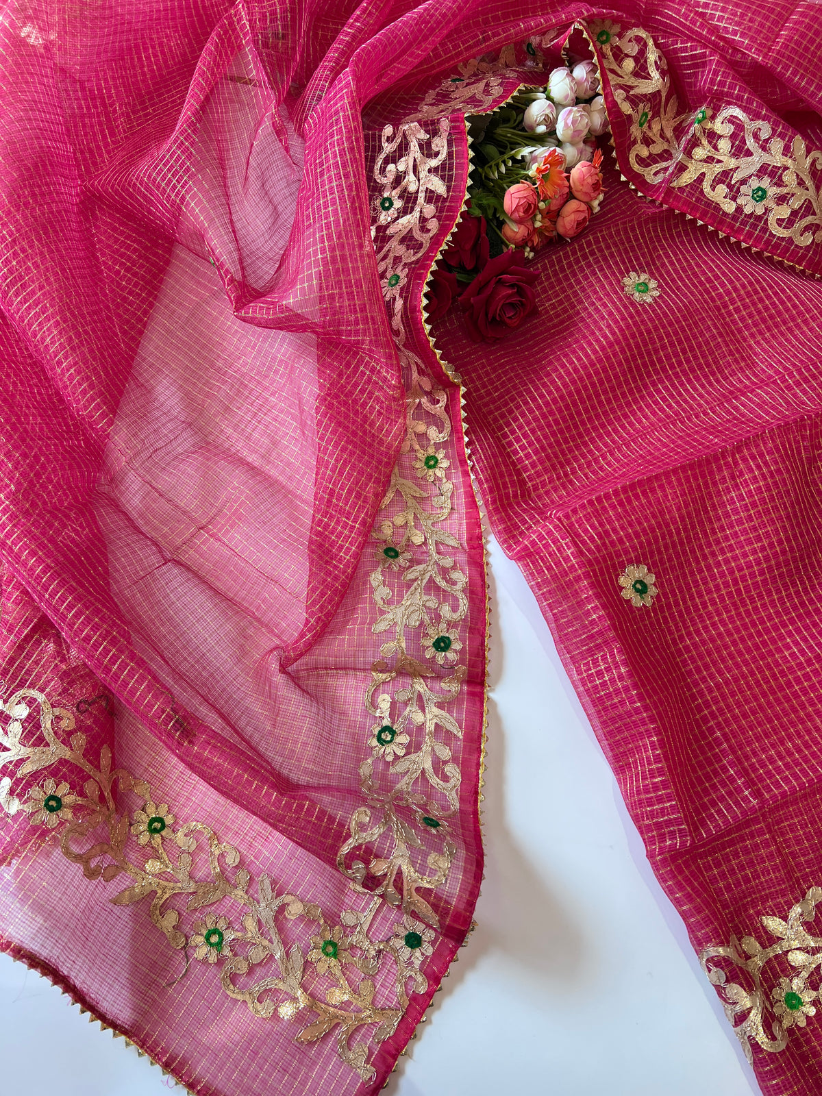 Red Kotta with kotta embroidered kurta dupatta set Unstitched