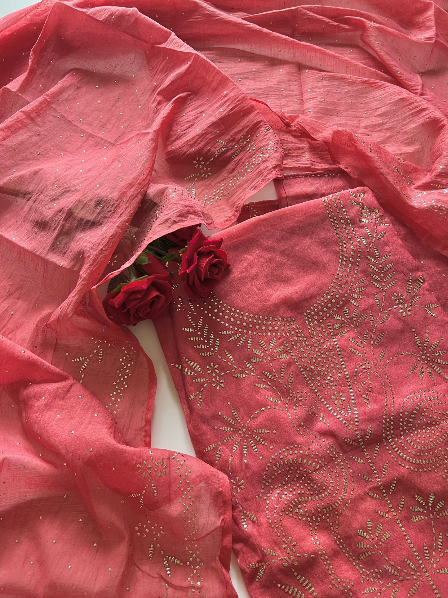 Mul Chanderi dress material with mukaish -Flamingo