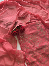 Mul Chanderi dress material with mukaish -Flamingo
