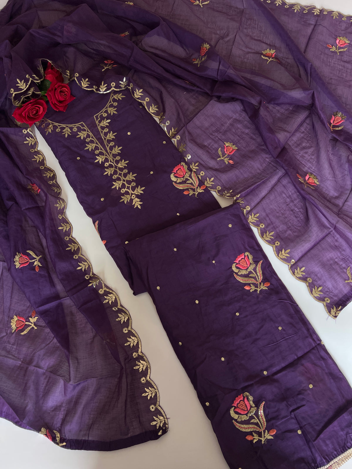 Purple Pitta with thread work on Mul Chanderi dress material - Unstitched Suit set
