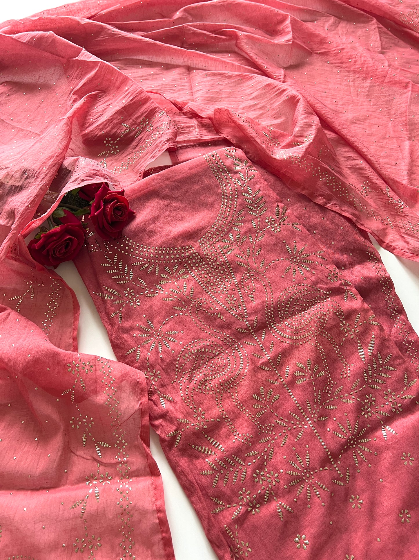Mul Chanderi dress material with mukaish -Flamingo