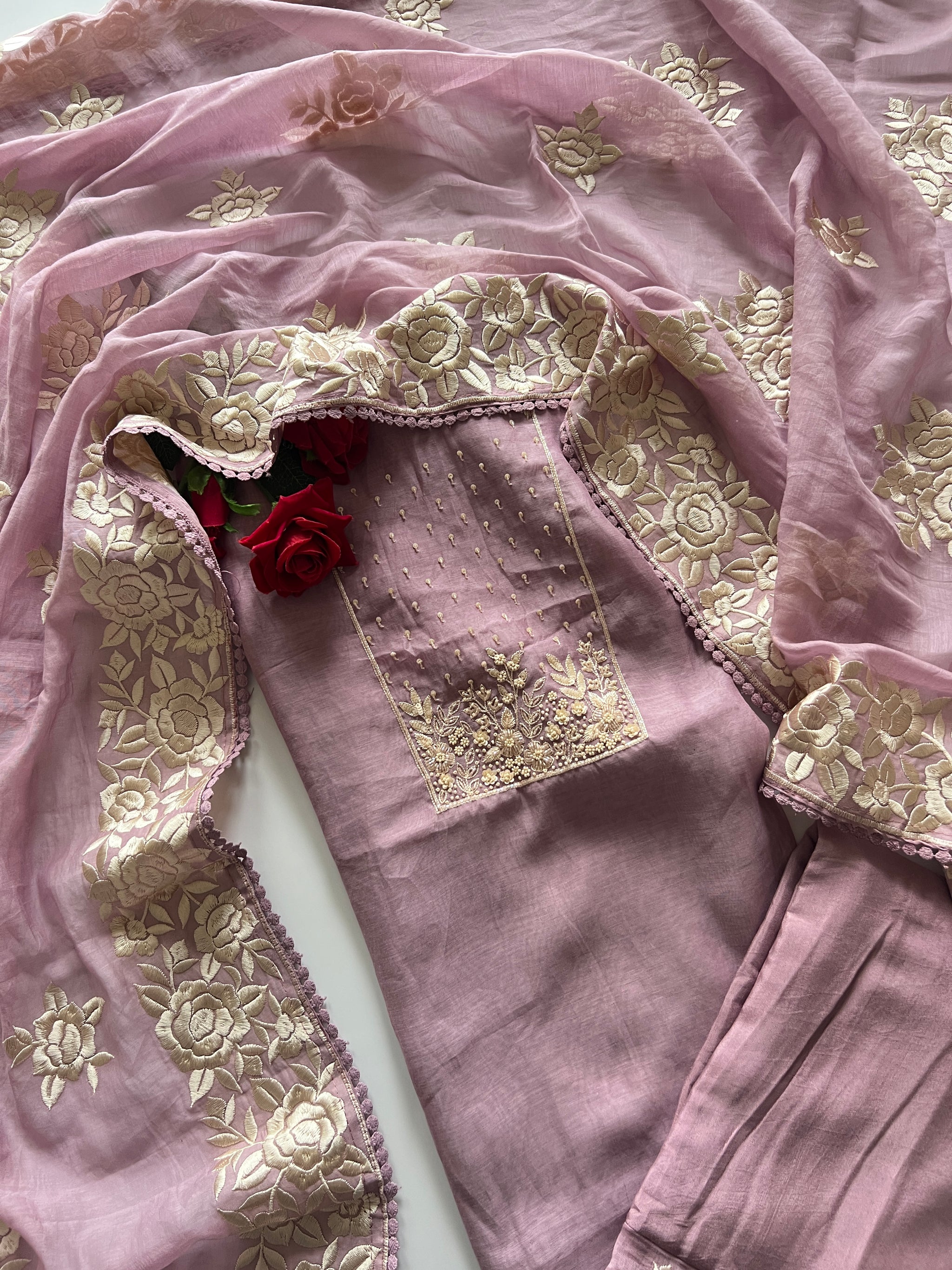 Lilac Mul Chanderi Handwork with Parsi dupatta Unstitched Suit set
