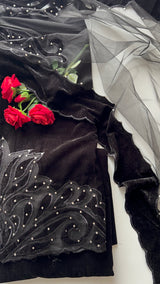 Black Velvet cut work designer party wear unstitched suit set