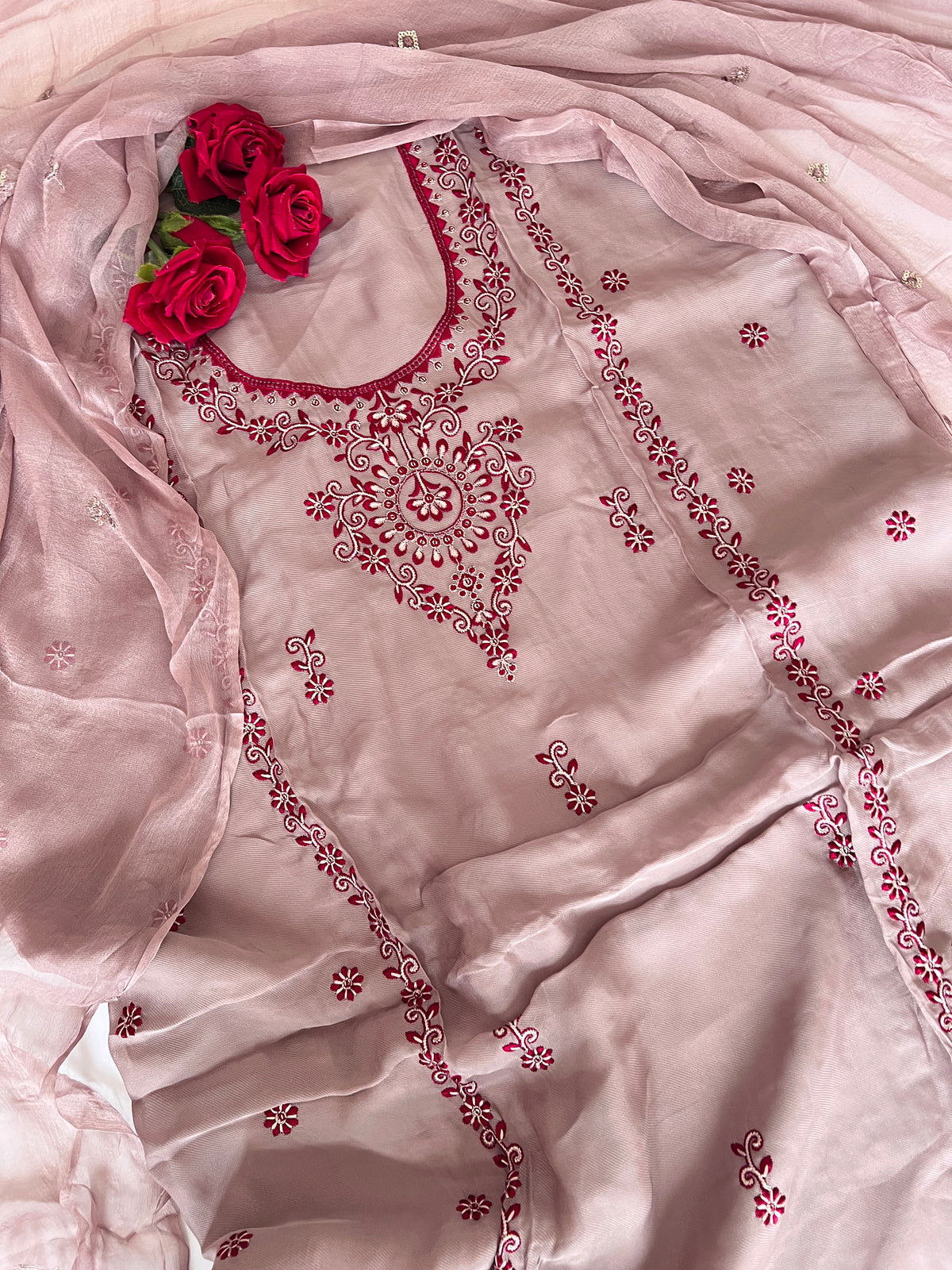 Laal Dhaga Mouse Organza Unstitched Suit with Plain Bottom | 3 Pc