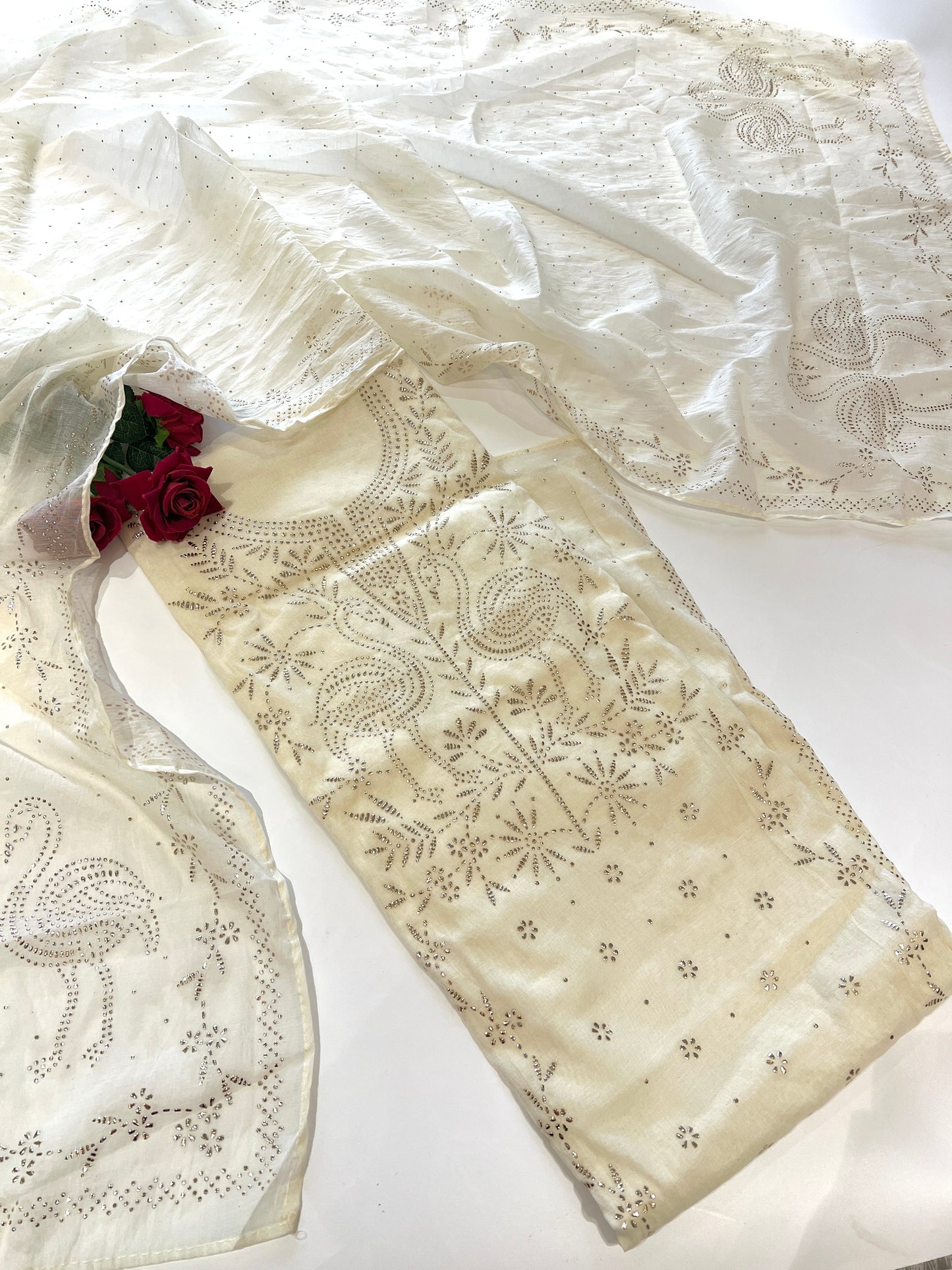 Off White Mul Chanderi dress material with mukaish -Flamingo