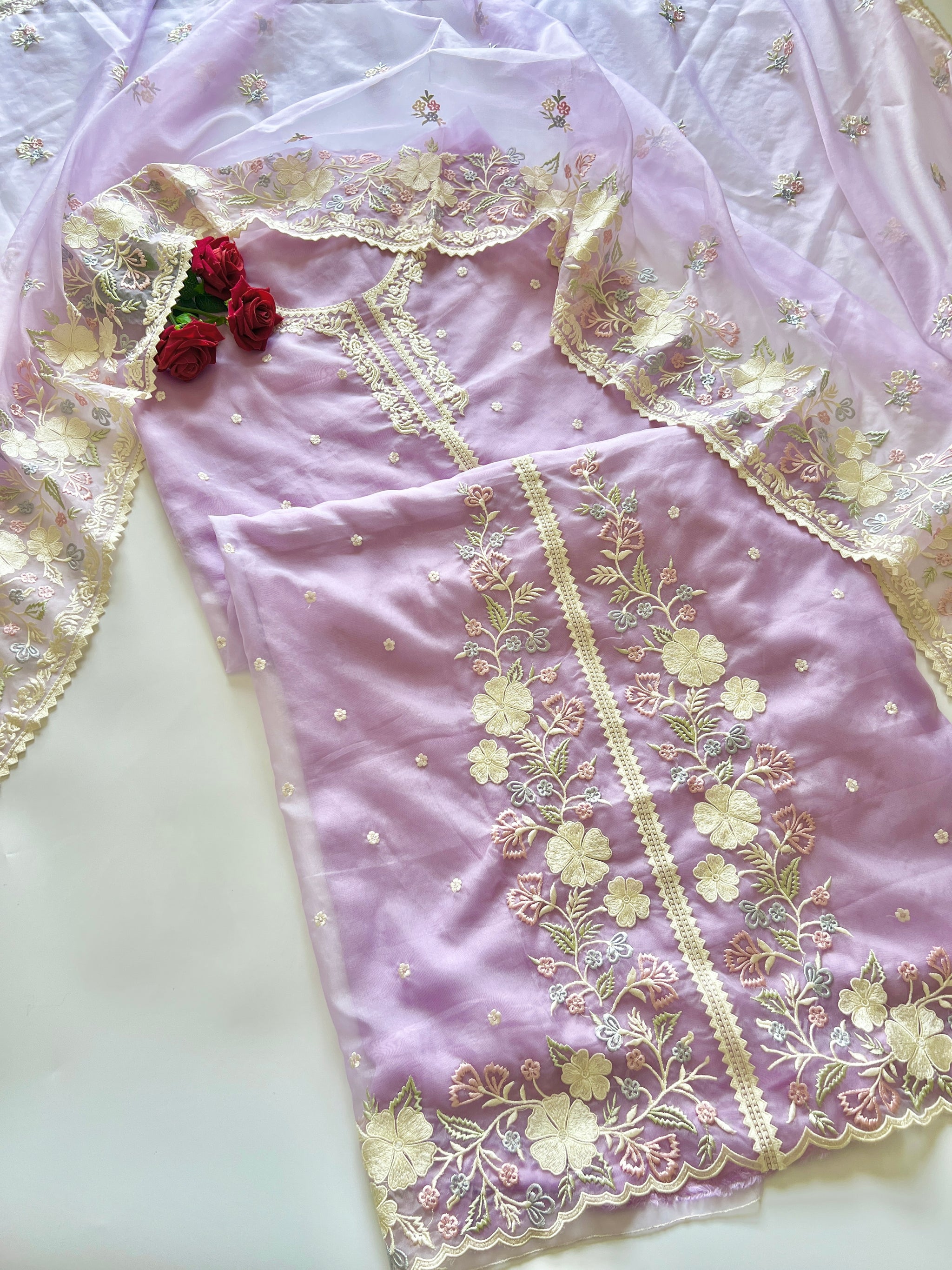 Purple Parsi Embroidered Organza Un-stitched Suit set