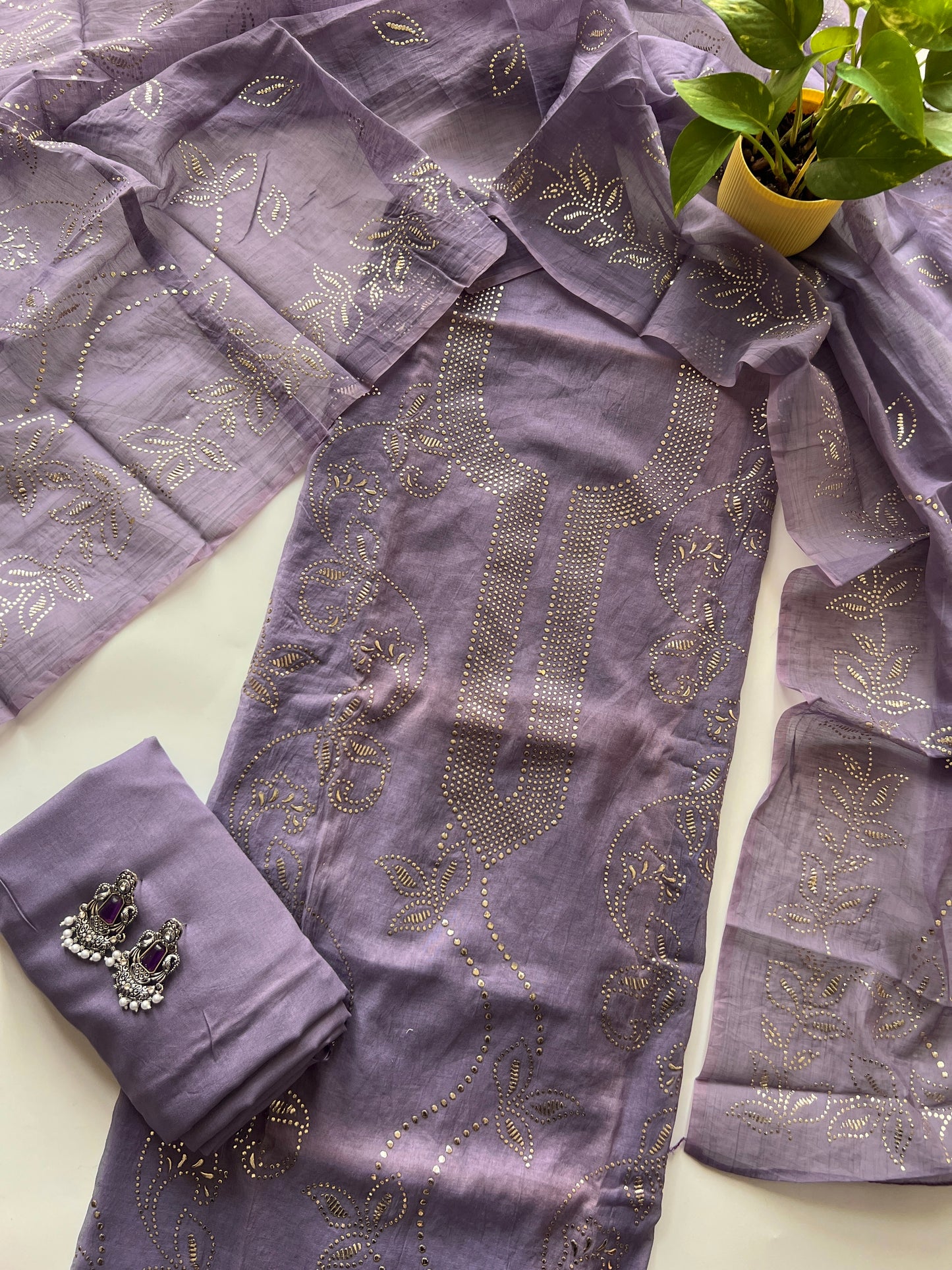 Purple Mul Chanderi dress material with mukaish