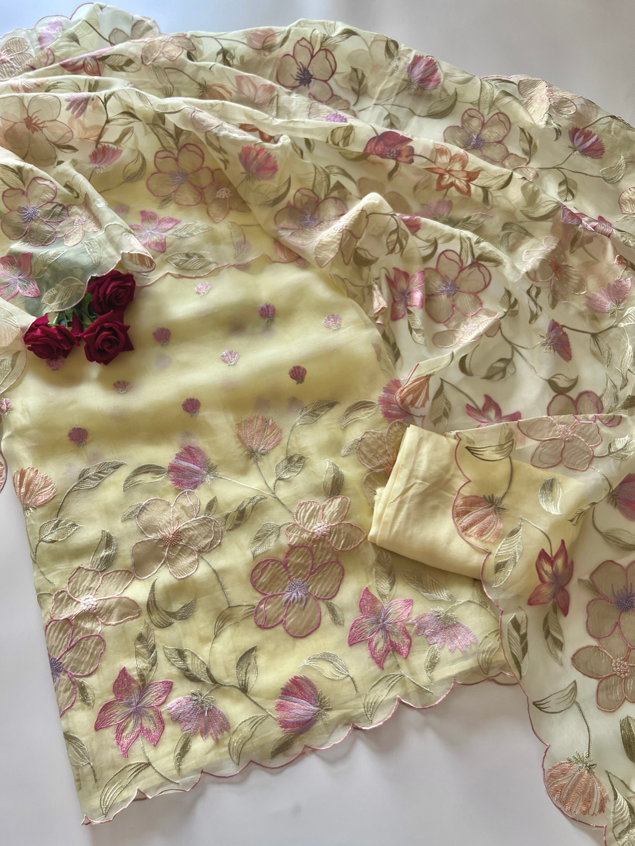 Floral Embroidery on Pure Silk Organza premium unstitched dress material in Pastel Yellow