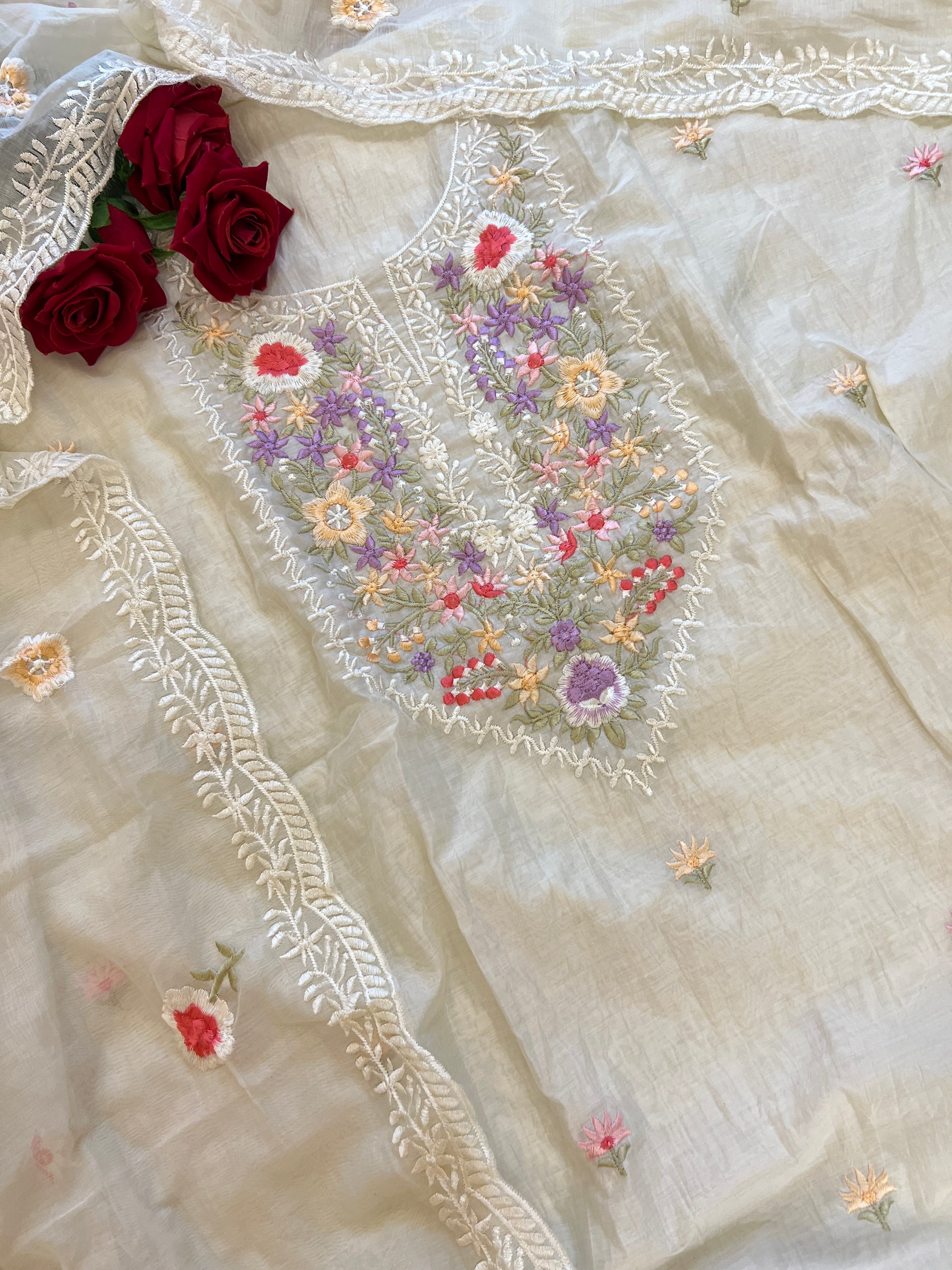 Mul Chanderi Thread embroidered Unstitched Suit