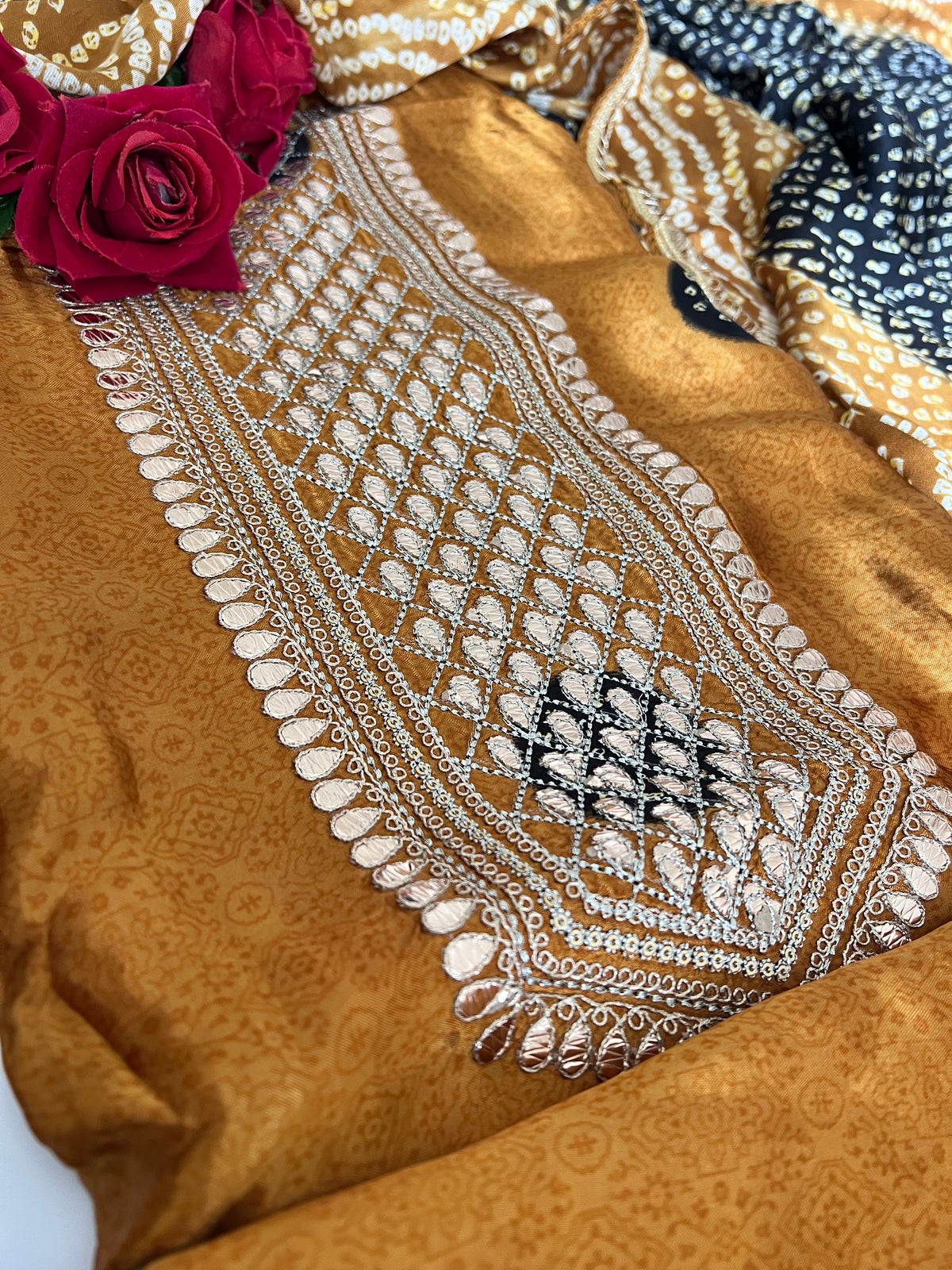 Gold Gajji Silk With gotta work neck Unstitched suit