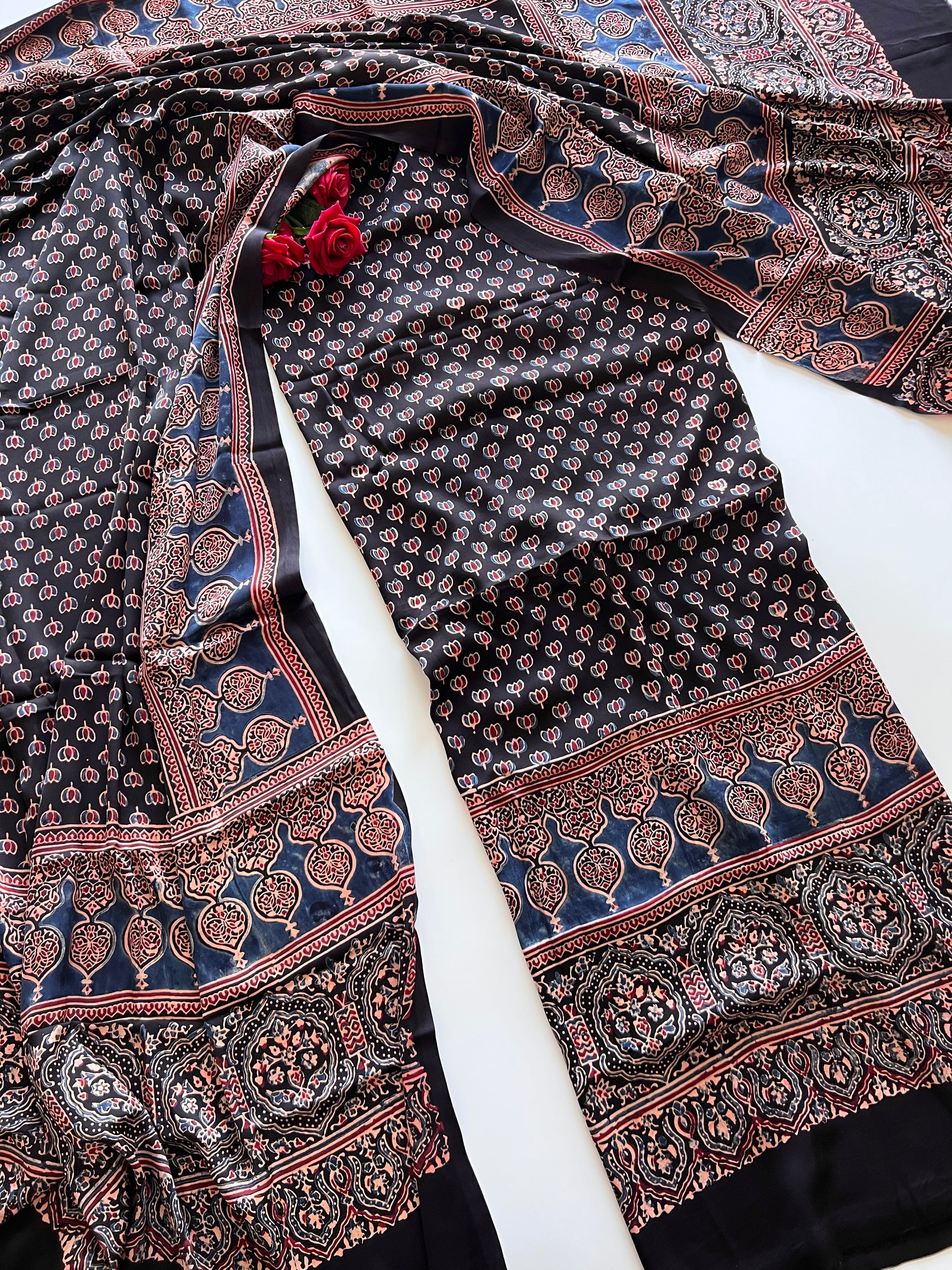 Black Original Handblock Ajrakh print 2 pc fabric Unstitched suit set