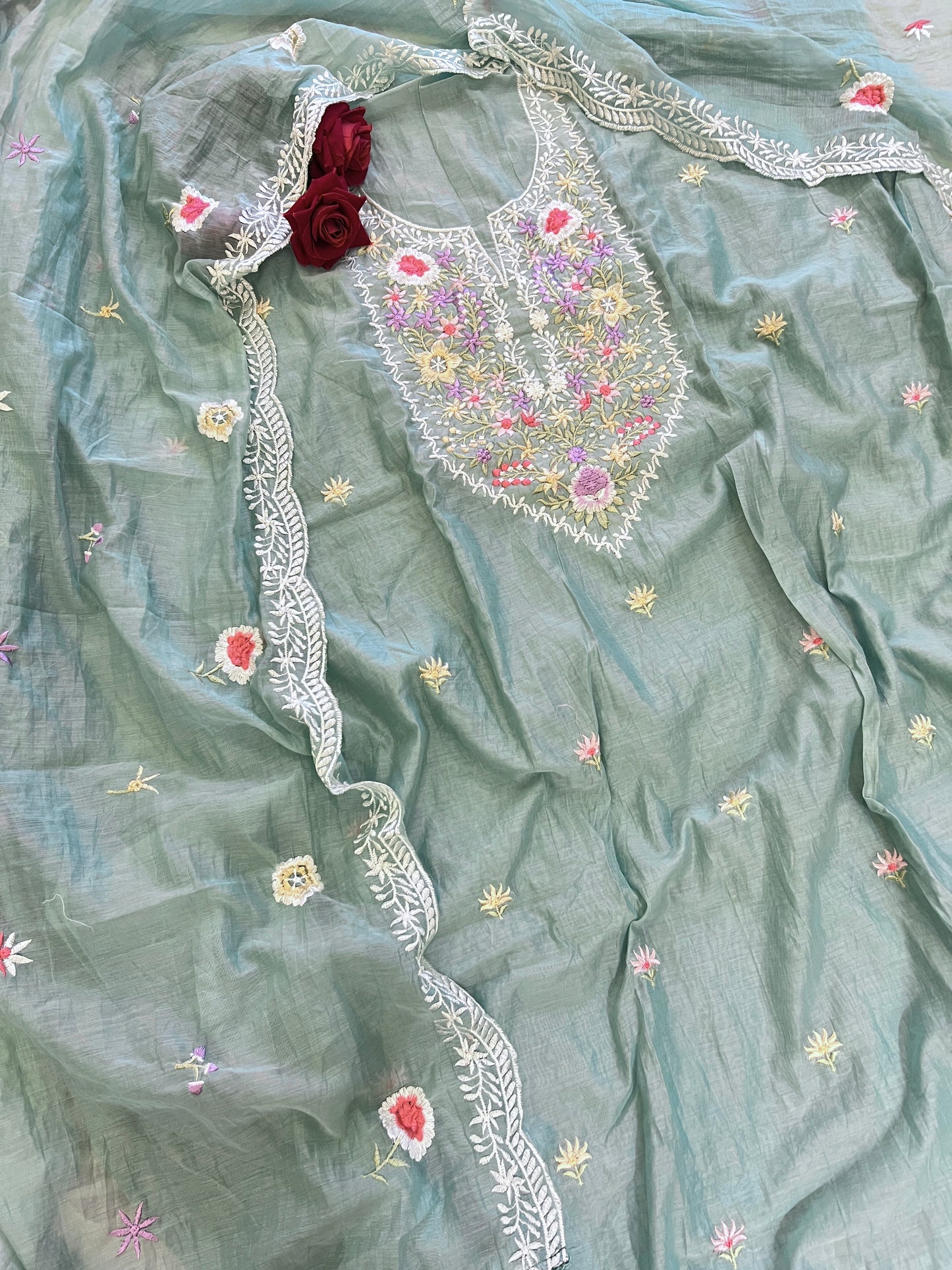 Blue Mul Chanderi Thread embroidered Unstitched Suit