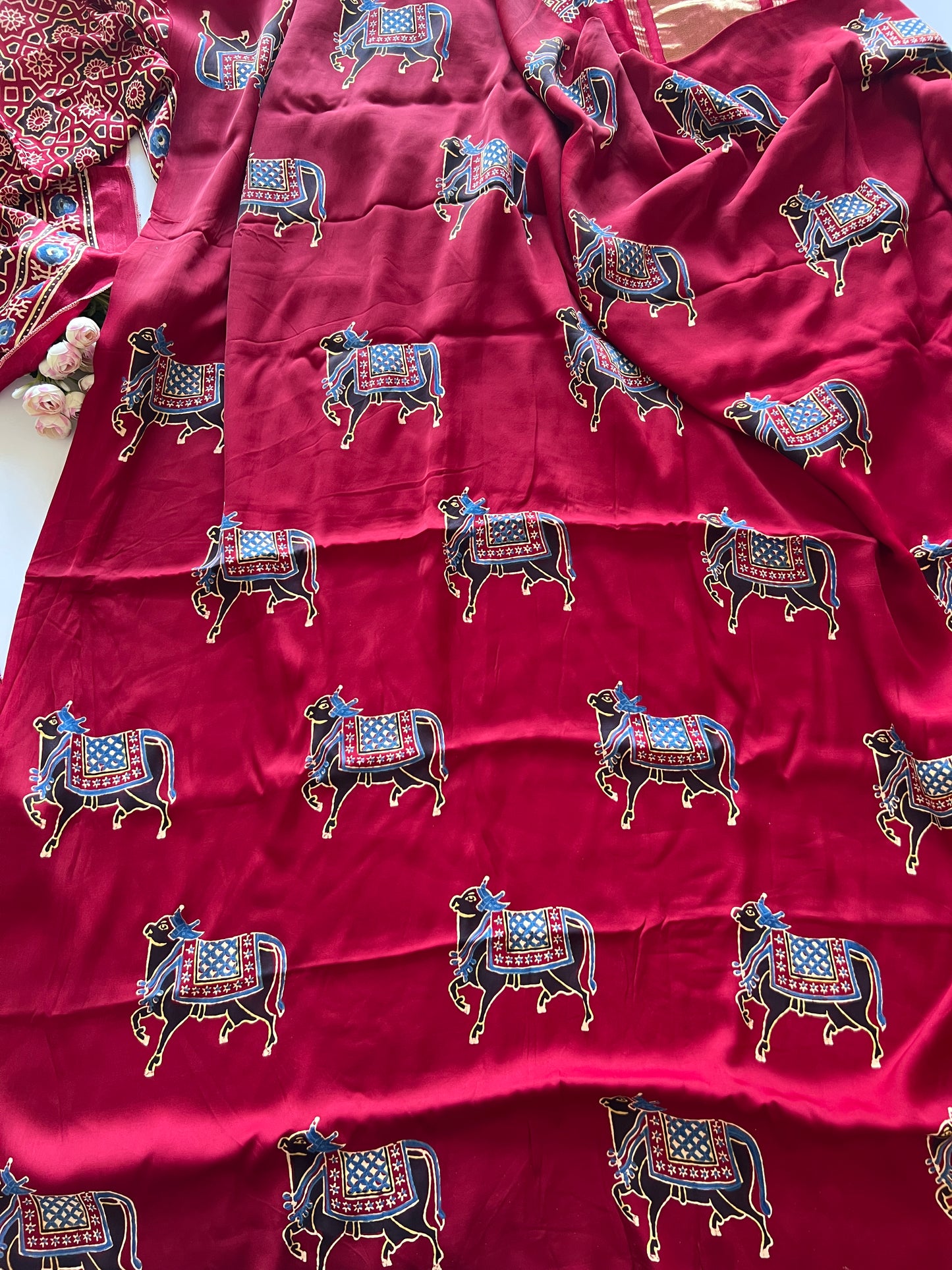 Maroon Ajrakh Handblock print 3 pc fabric Unstitched suit set