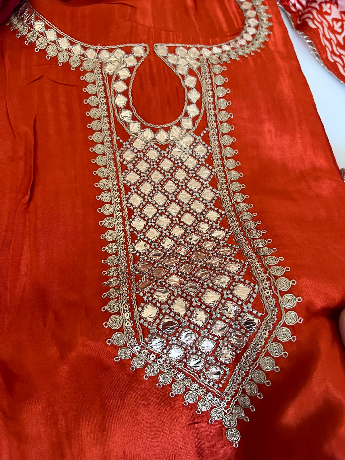 Orange Gajji Silk With gotta work neck Unstitched suit