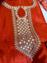 Orange Gajji Silk With gotta work neck Unstitched suit