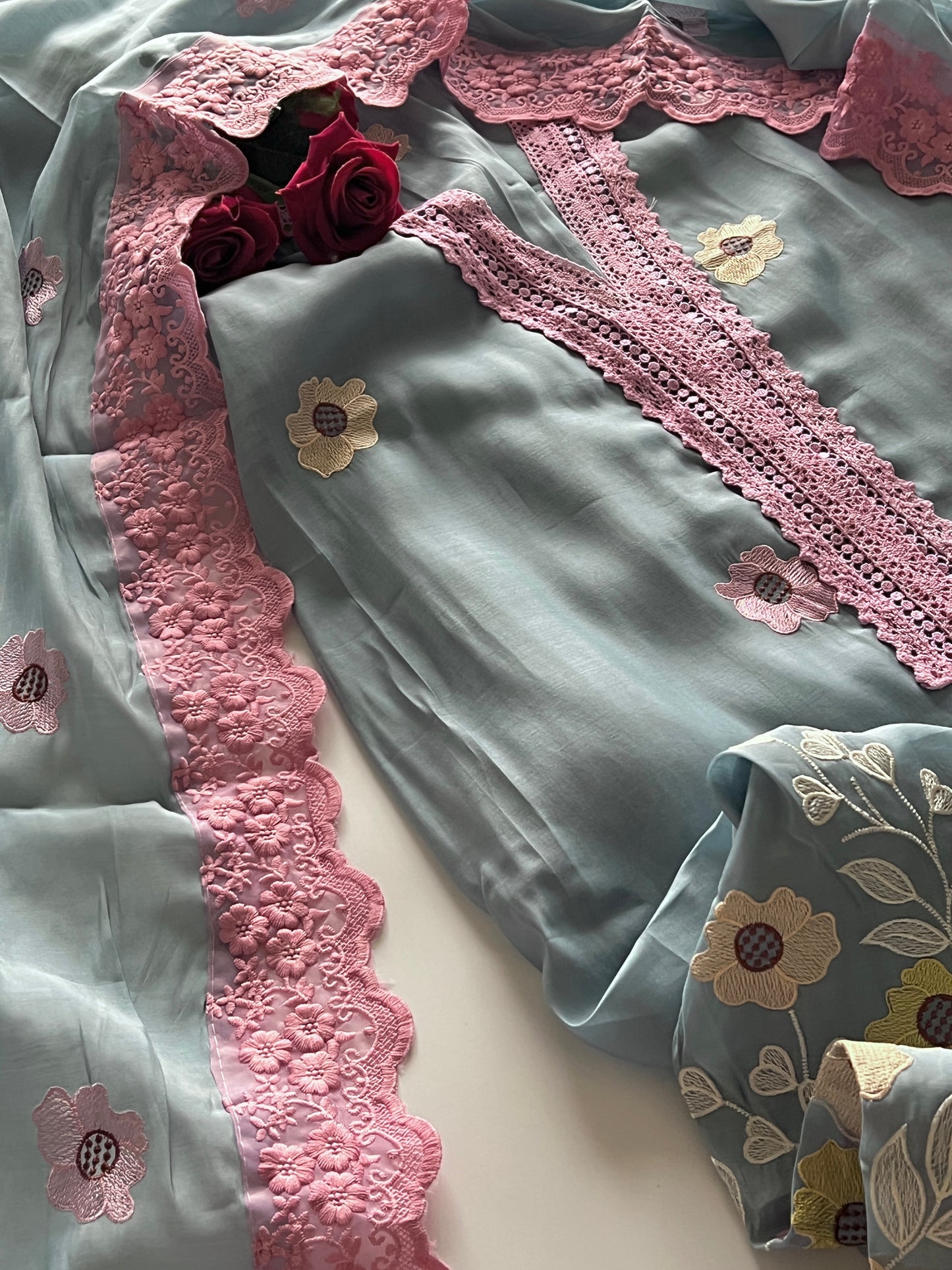 Blue Sunflower Embroidery Mul Masleen Dress material