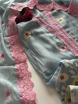 Blue Sunflower Embroidery Mul Masleen Dress material