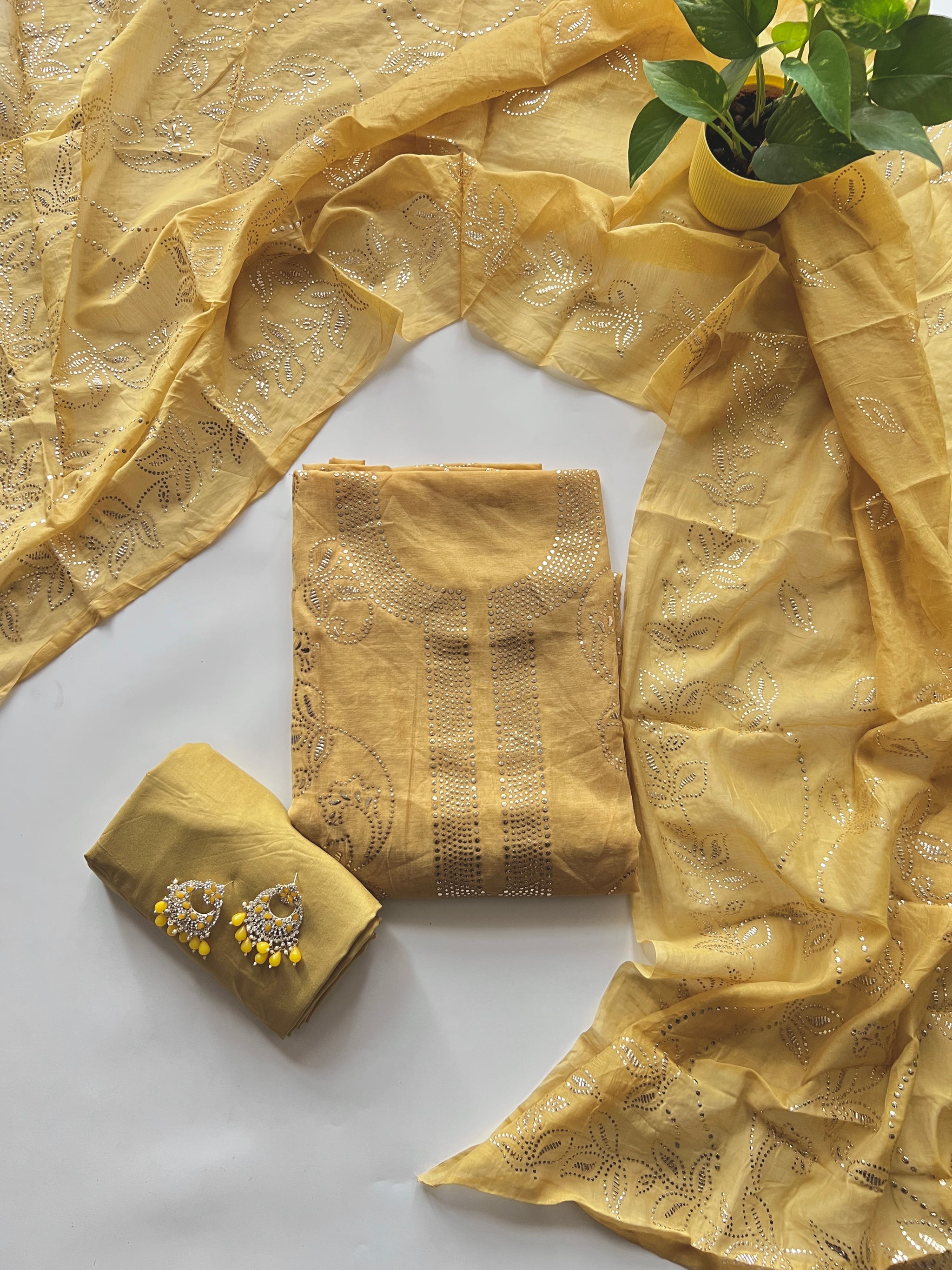 Yellow Mul Chanderi dress material with mukaish