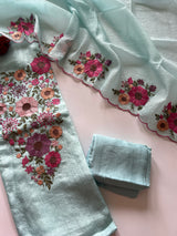 Blue Sunflower Embroidery Crush dress material unstitched