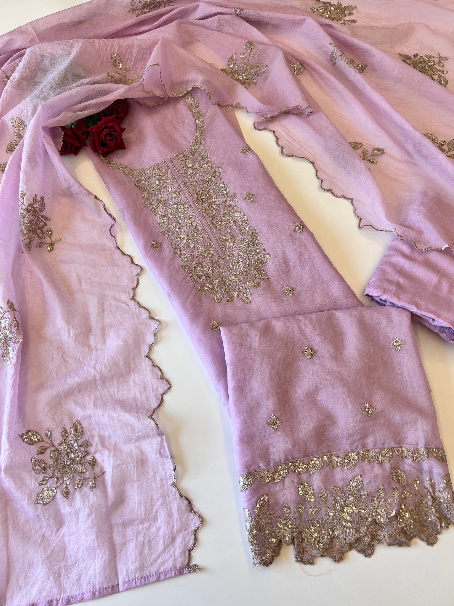 Pastel Purple Mul Chanderi Sequin embroidered Unstitched Suit