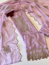 Pastel Purple Mul Chanderi Sequin embroidered Unstitched Suit