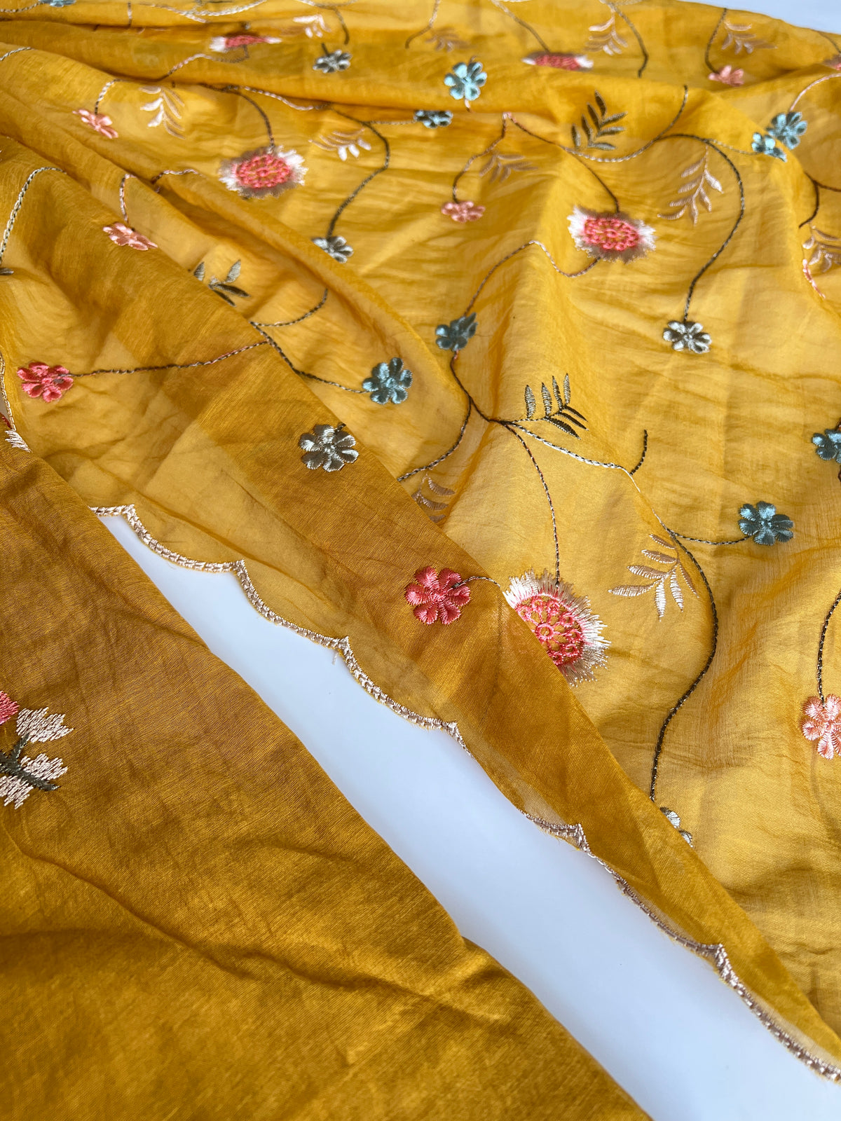Yellow Mul chanderi full embroidery dupatta thread work unstitched suit