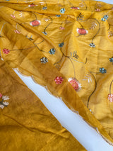 Yellow Mul chanderi full embroidery dupatta thread work unstitched suit