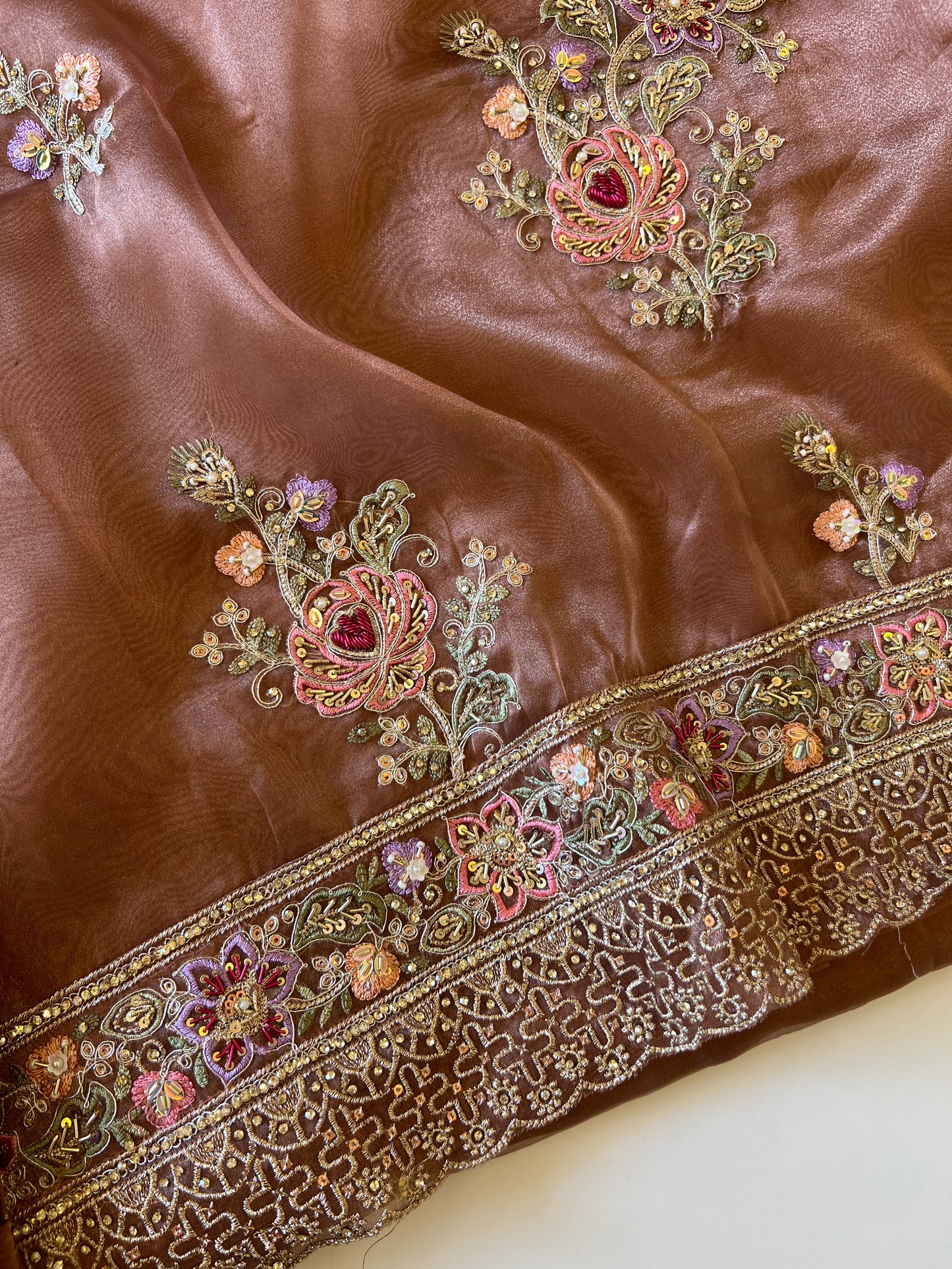 Brown Tissue partywear embroidered suit set unstitched