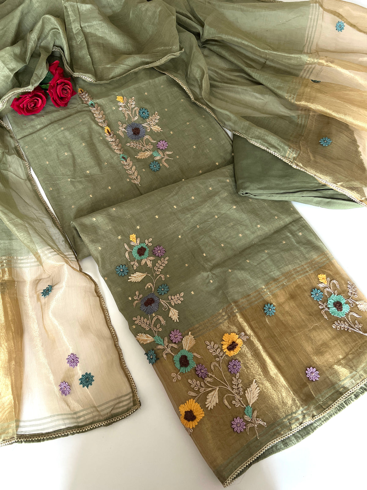 Olive Green Floral Embroidery tissue Jamdani Dress material