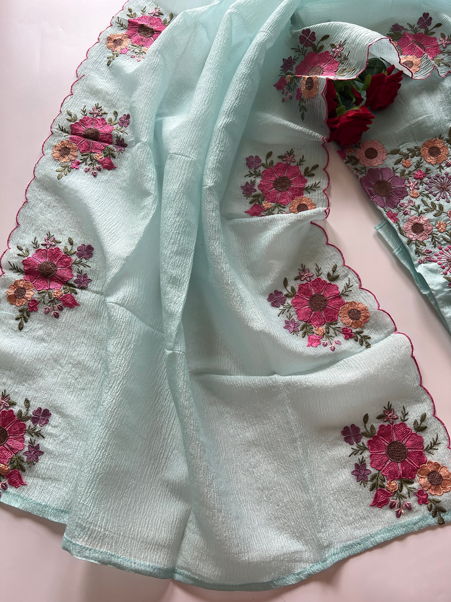 Blue Sunflower Embroidery Crush dress material unstitched