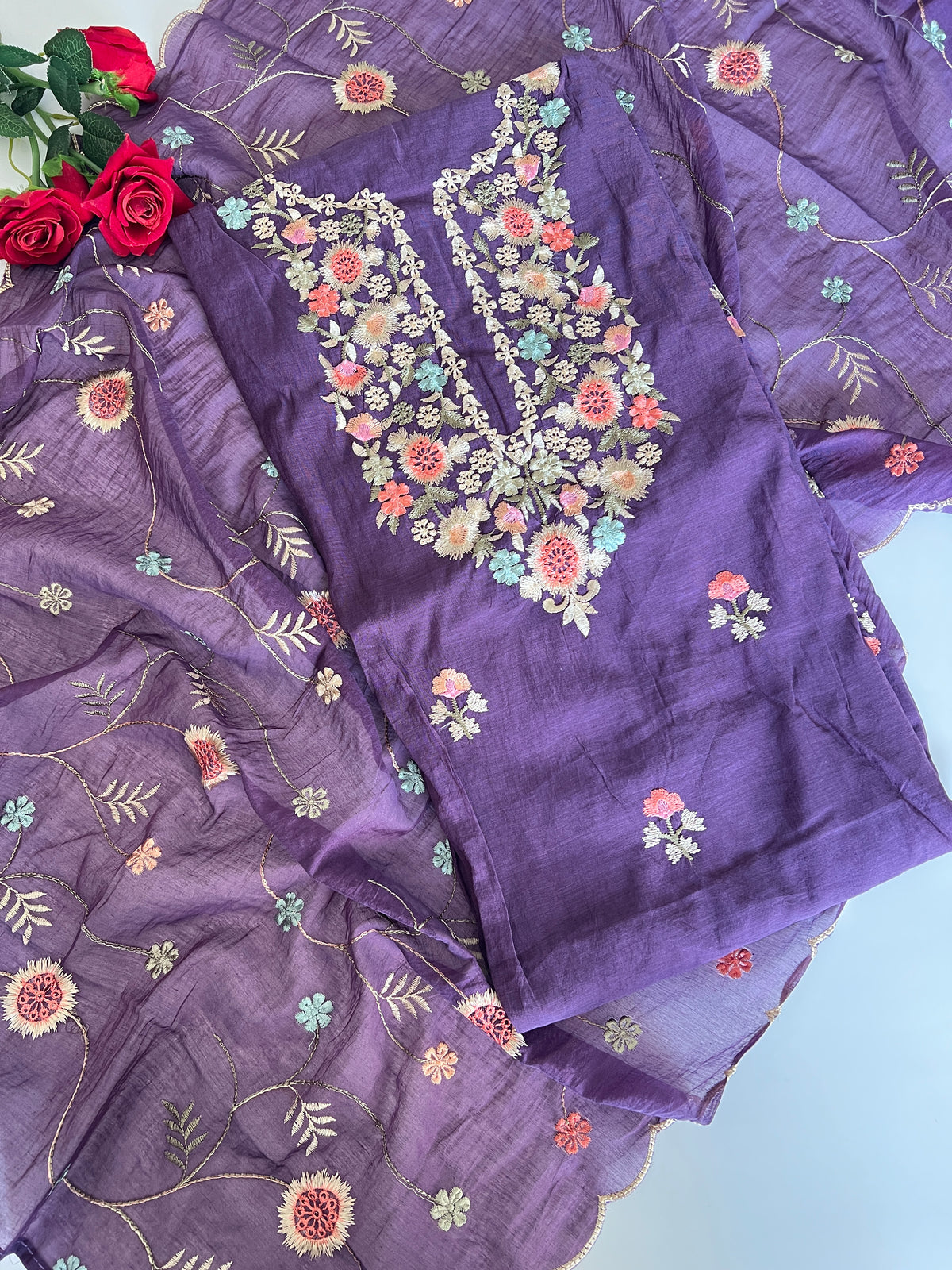 Purple Mul chanderi full embroidery dupatta thread work unstitched suit