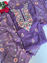 Purple Mul chanderi full embroidery dupatta thread work unstitched suit