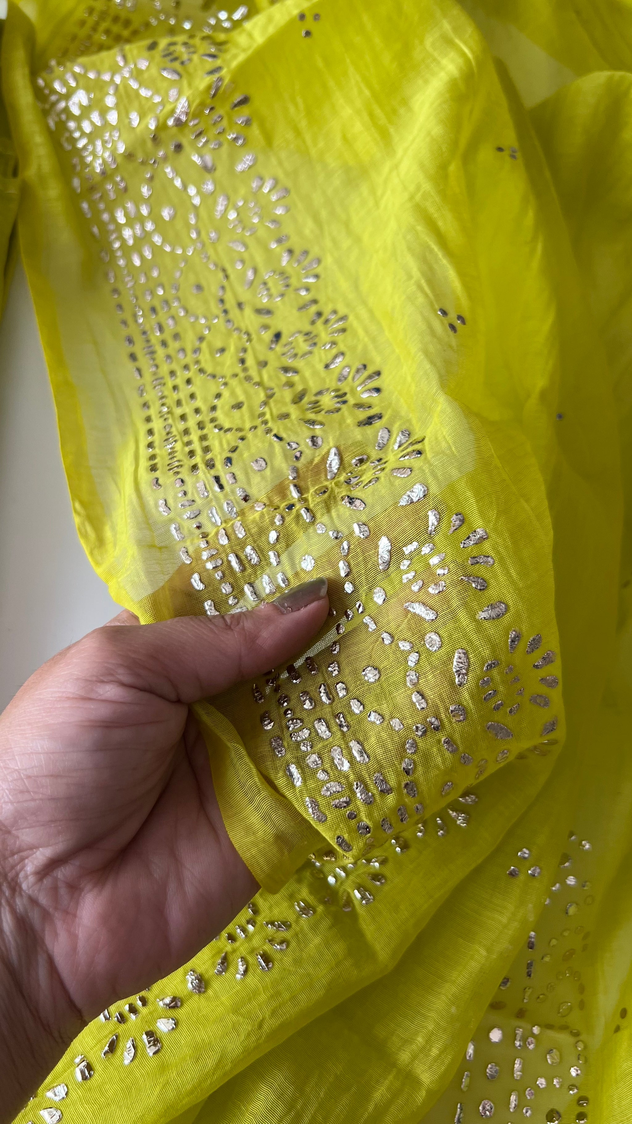 Green Mul Chanderi dress material with pitta and mukaish work