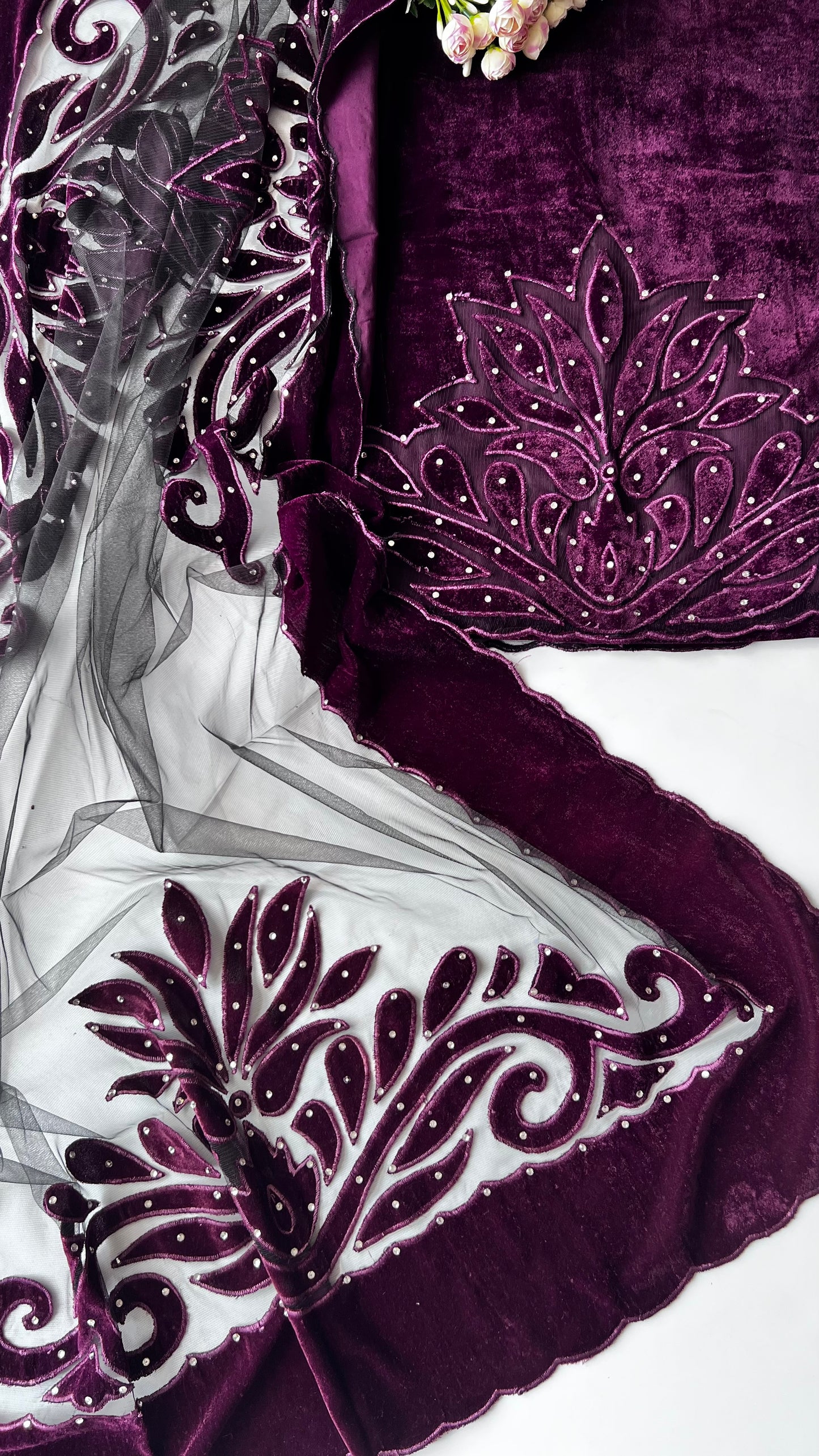 Wine color Velvet cut work designer party wear unstitched suit set