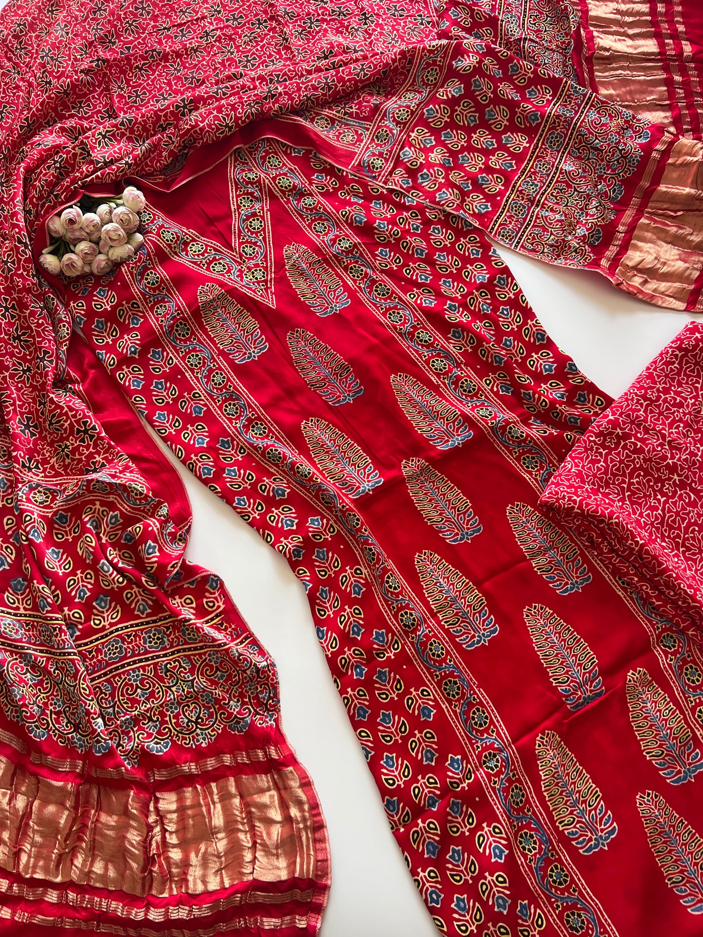 Red Ajrakh Handblock print 3 pc fabric Unstitched suit set