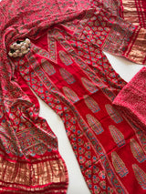 Red Ajrakh Handblock print 3 pc fabric Unstitched suit set