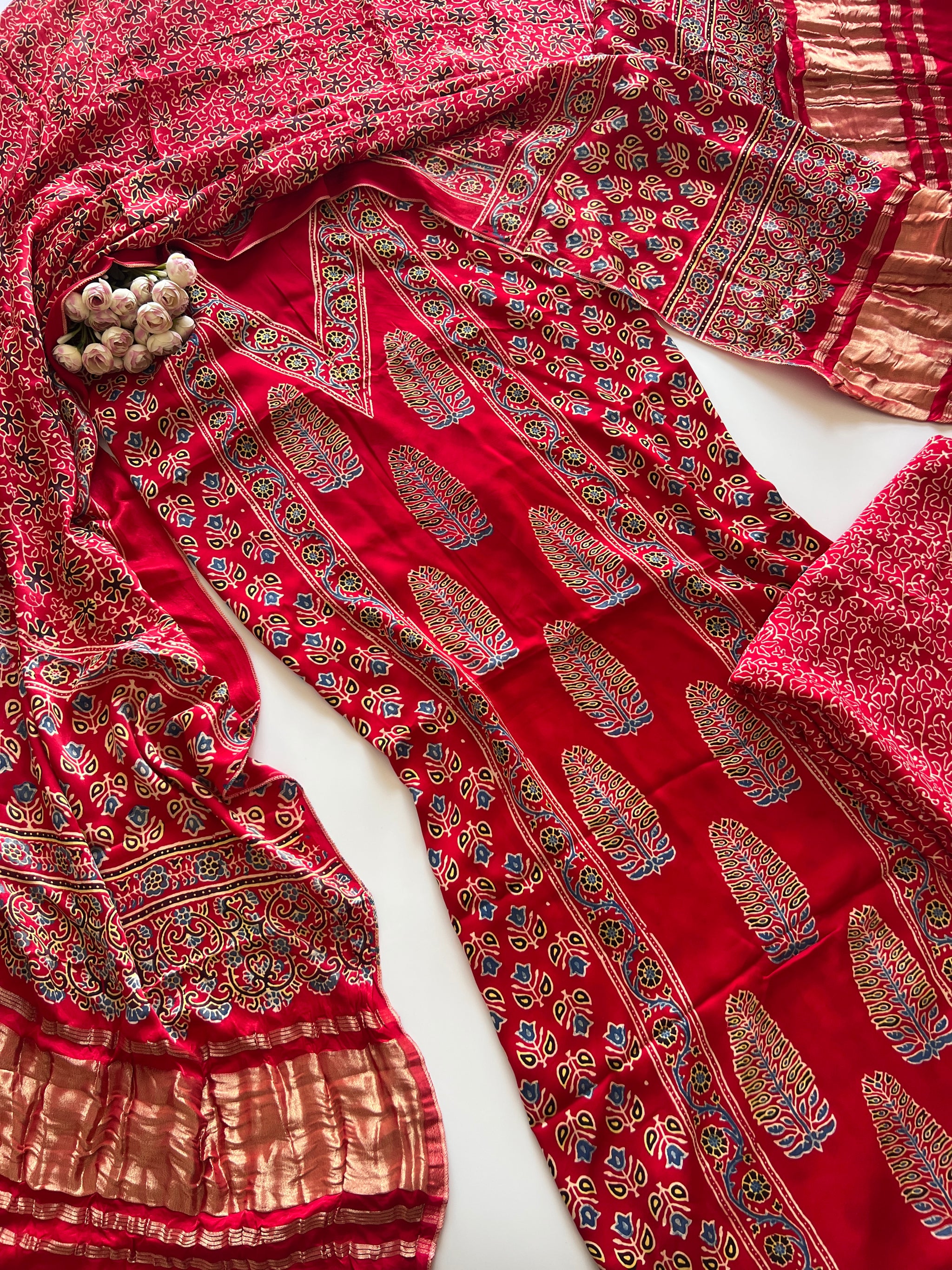 Red Ajrakh Handblock print 3 pc fabric Unstitched suit set