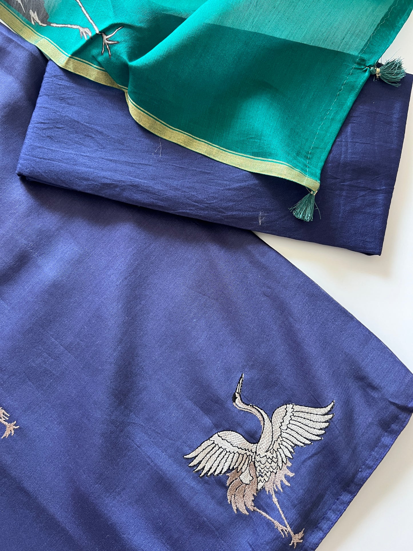 Pure Blue Green soft Chanderi flamingo embroidered Unstitched Dress material