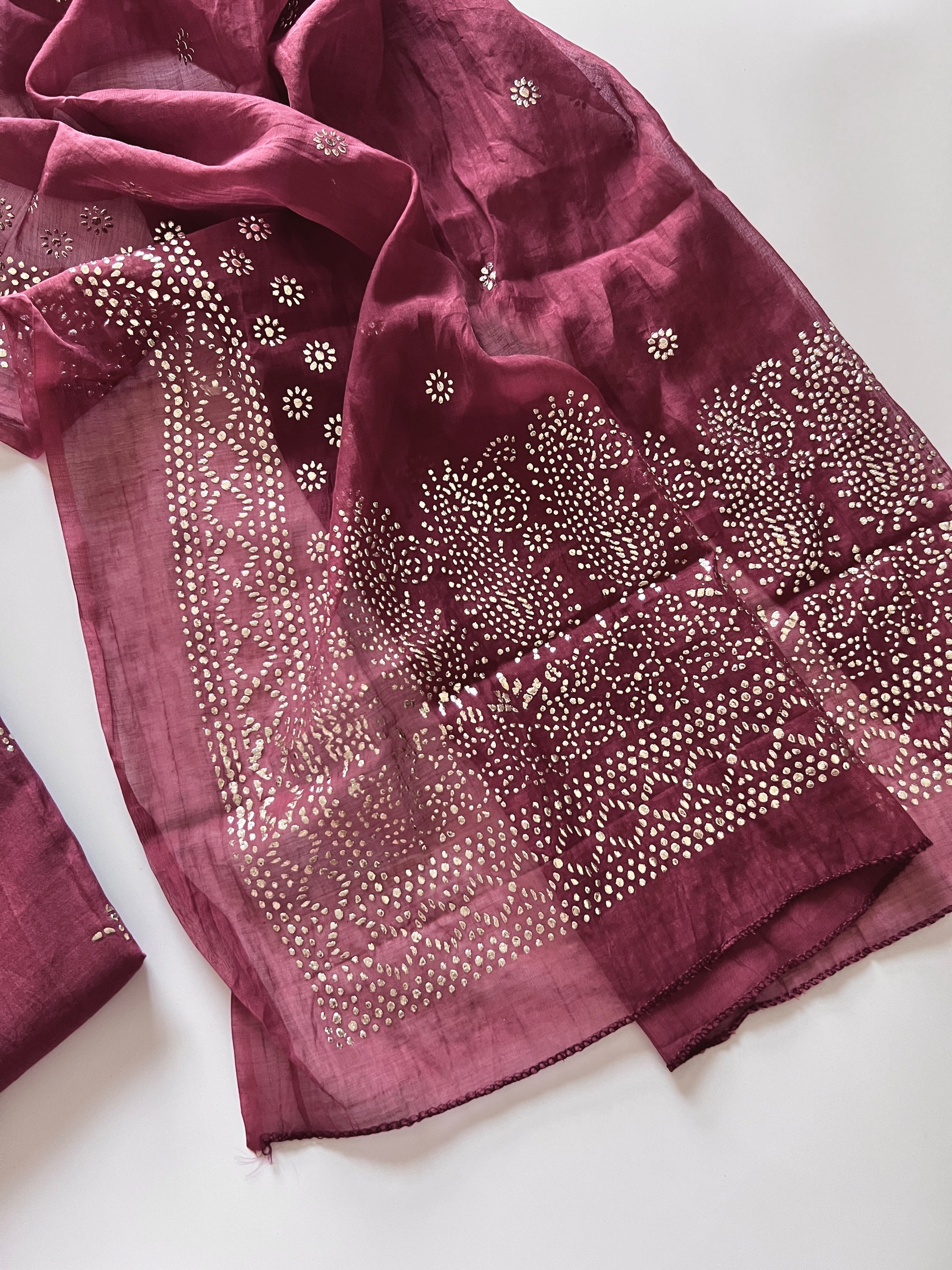 Maroon Mul Chanderi dress material with mukaish
