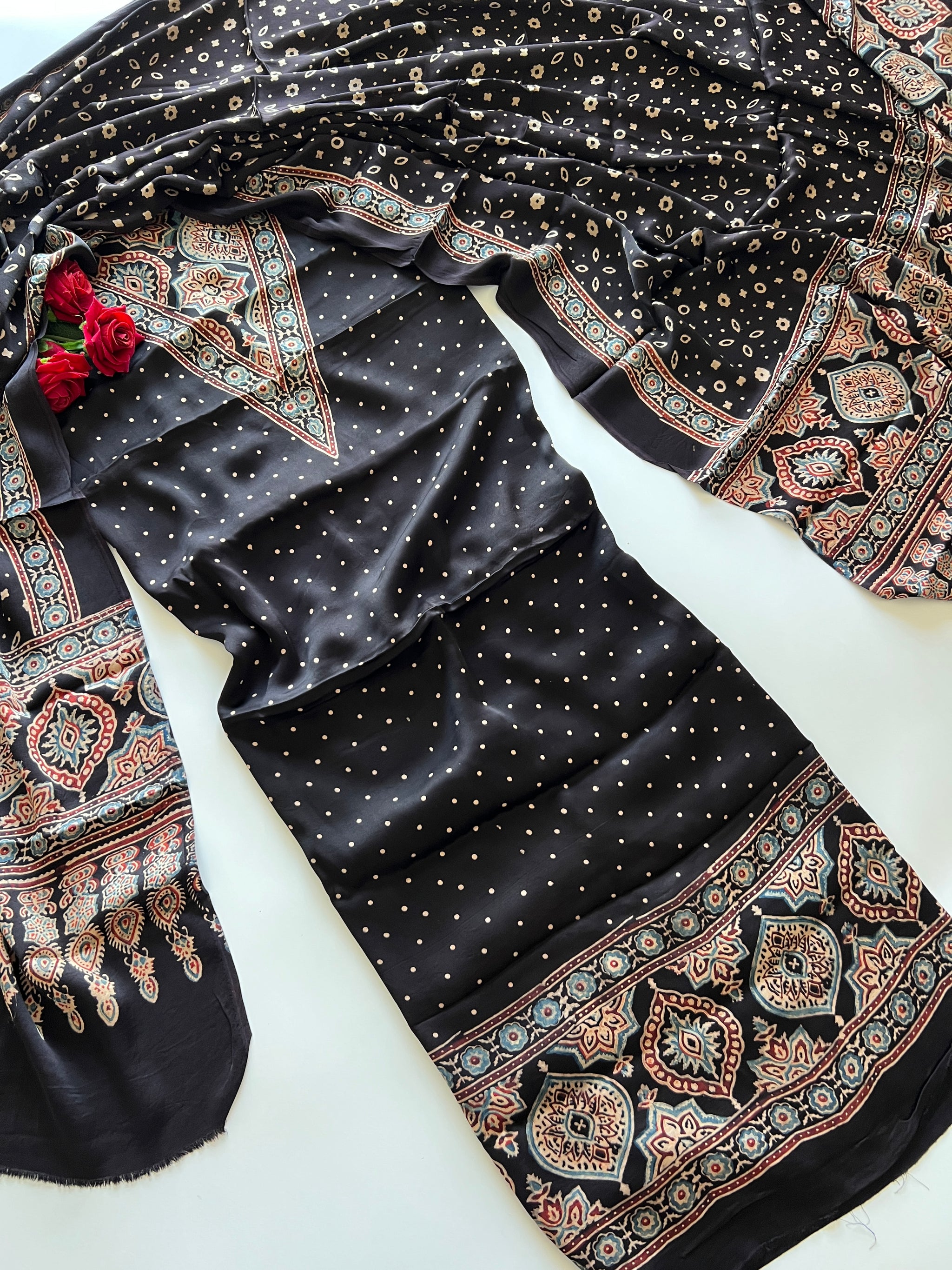 Black Original Handblock Ajrakh print 2 pc fabric Unstitched suit set