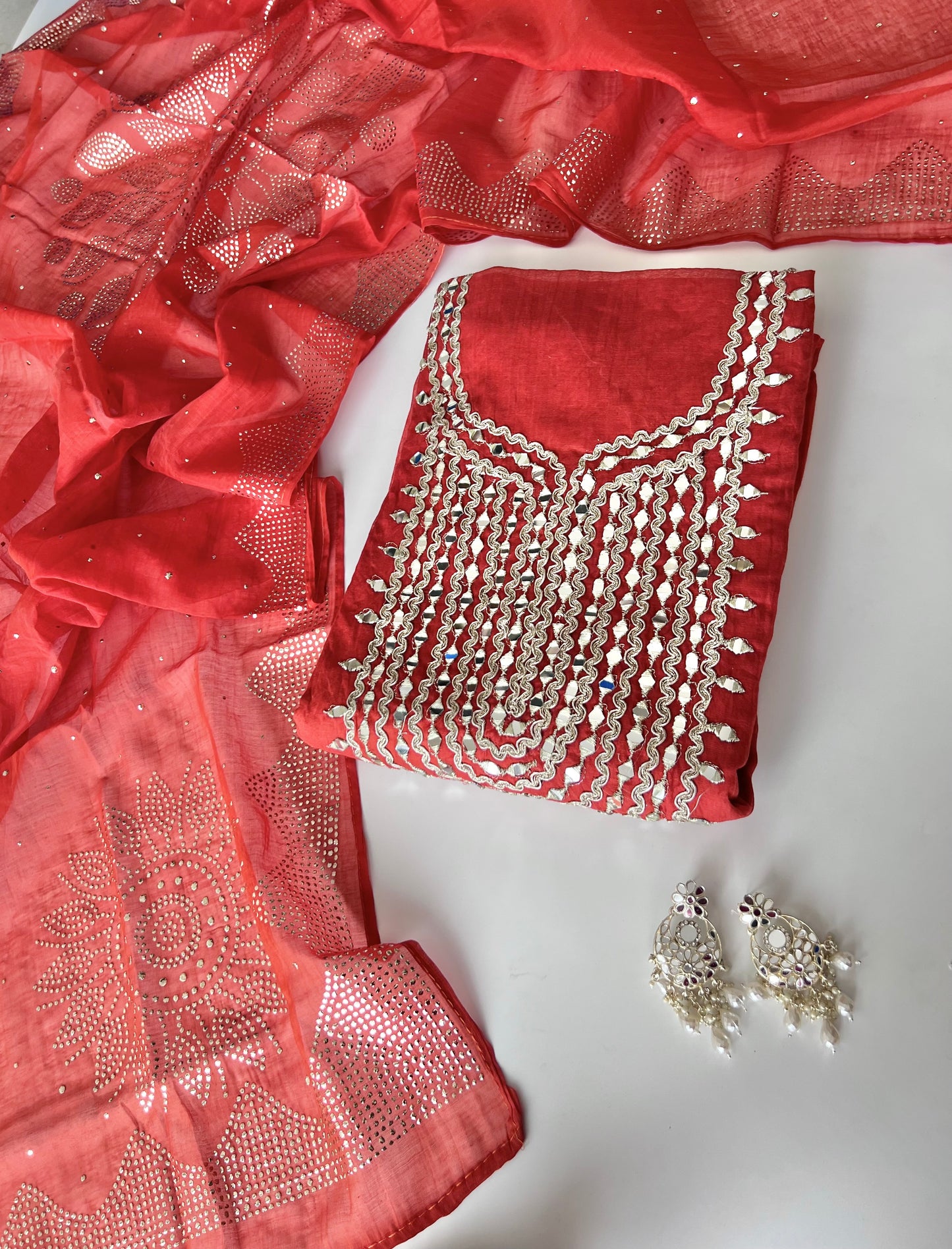 Mirror work on Mul Chanderi dress material with mukaish work dupatta