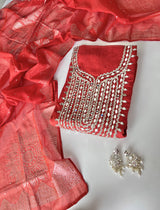 Mirror work on Mul Chanderi dress material with mukaish work dupatta