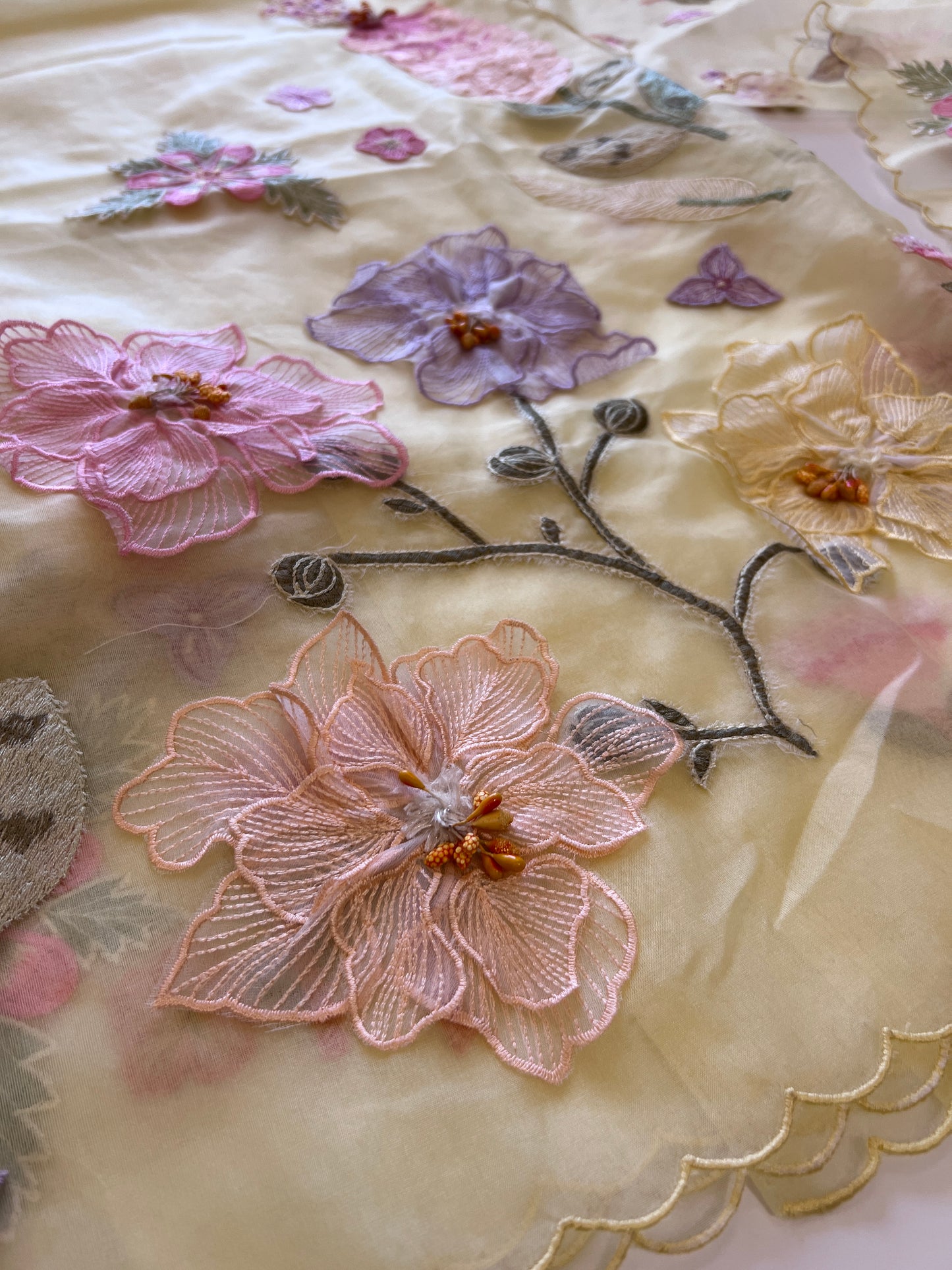 Yellow 3D Embroidery on semi Organza premium unstitched dress material with floral work