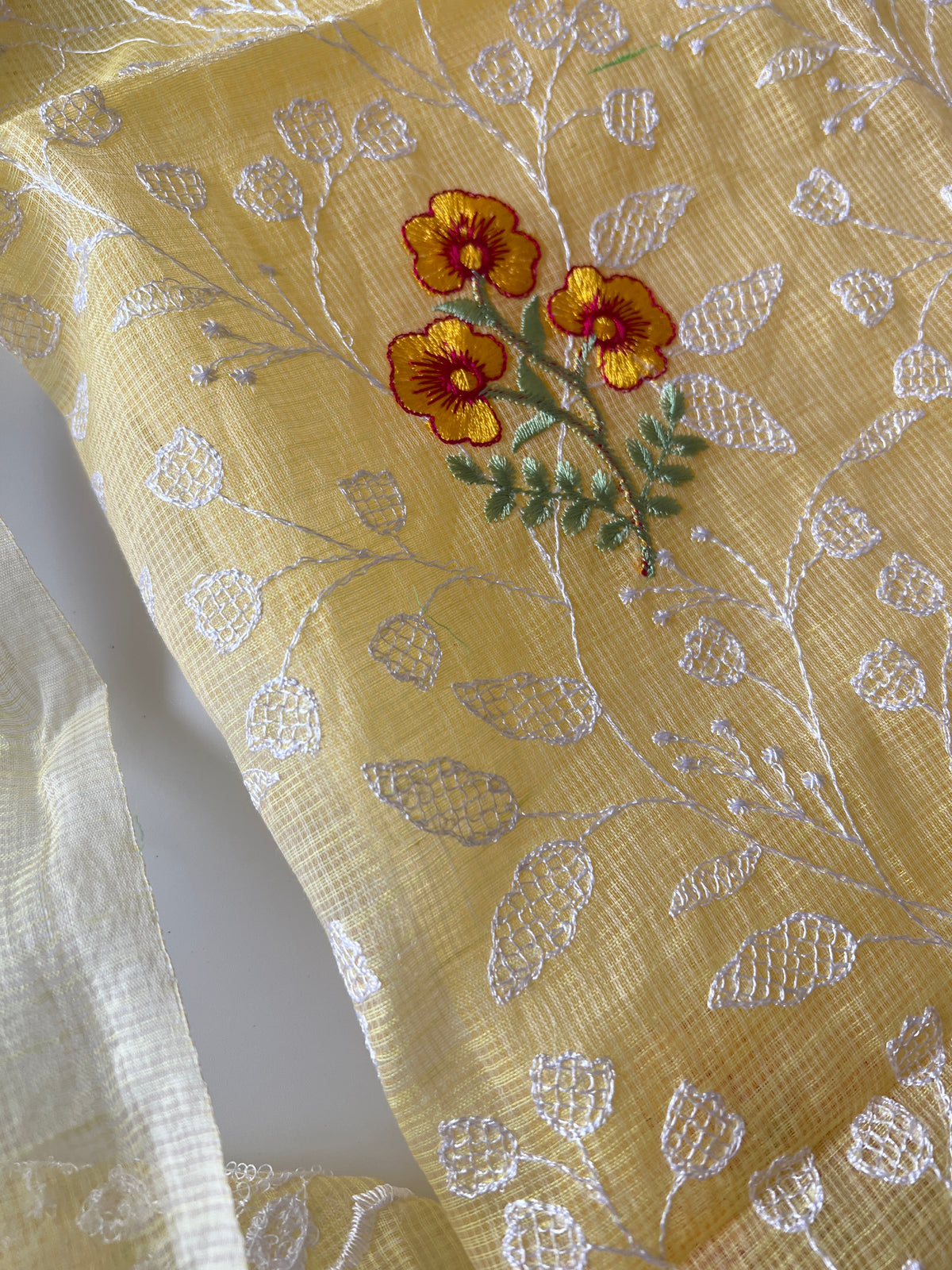 Yellow Kotta floral embroidered kurta dupatta set Unstitched