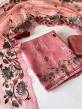 Pure linen Shikargah embroidered unstitched suit.