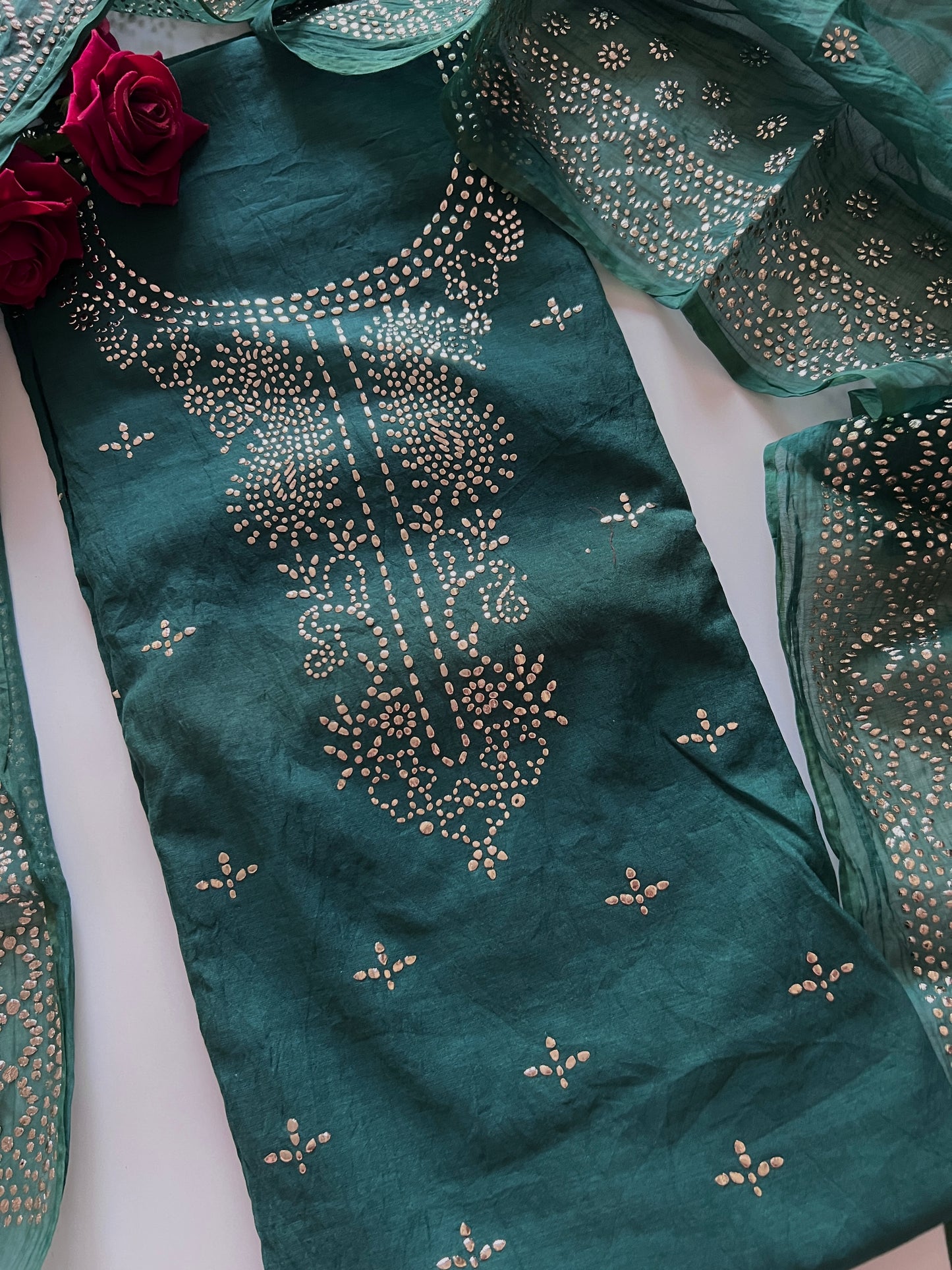 Green Mul Chanderi dress material with mukaish